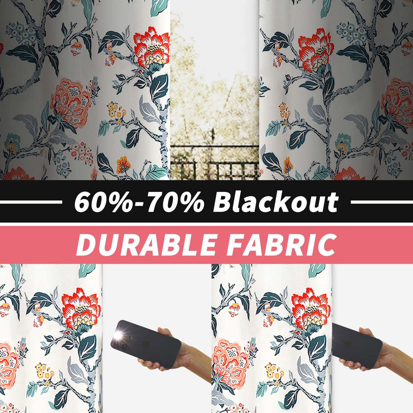 DriftAway Ada Floral Thermal Insulated Double Layer Room Darkening Blackout Curtains Botanical Leaf Flower Printed Patterned Drapes Lined Set of 2 Panels Each 52 Inch by 84 Inch Ivory Orange Teal