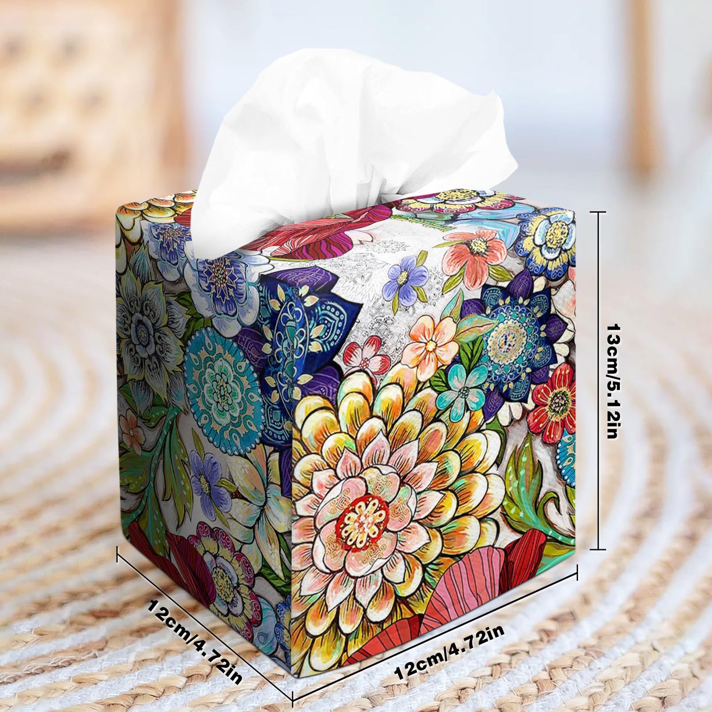 Tissue Box Cover Square Velvet Decorative Tissue Box Holder Cute Funny Cube Tissue Case Cover-Boho Floral Tissue Box Cover