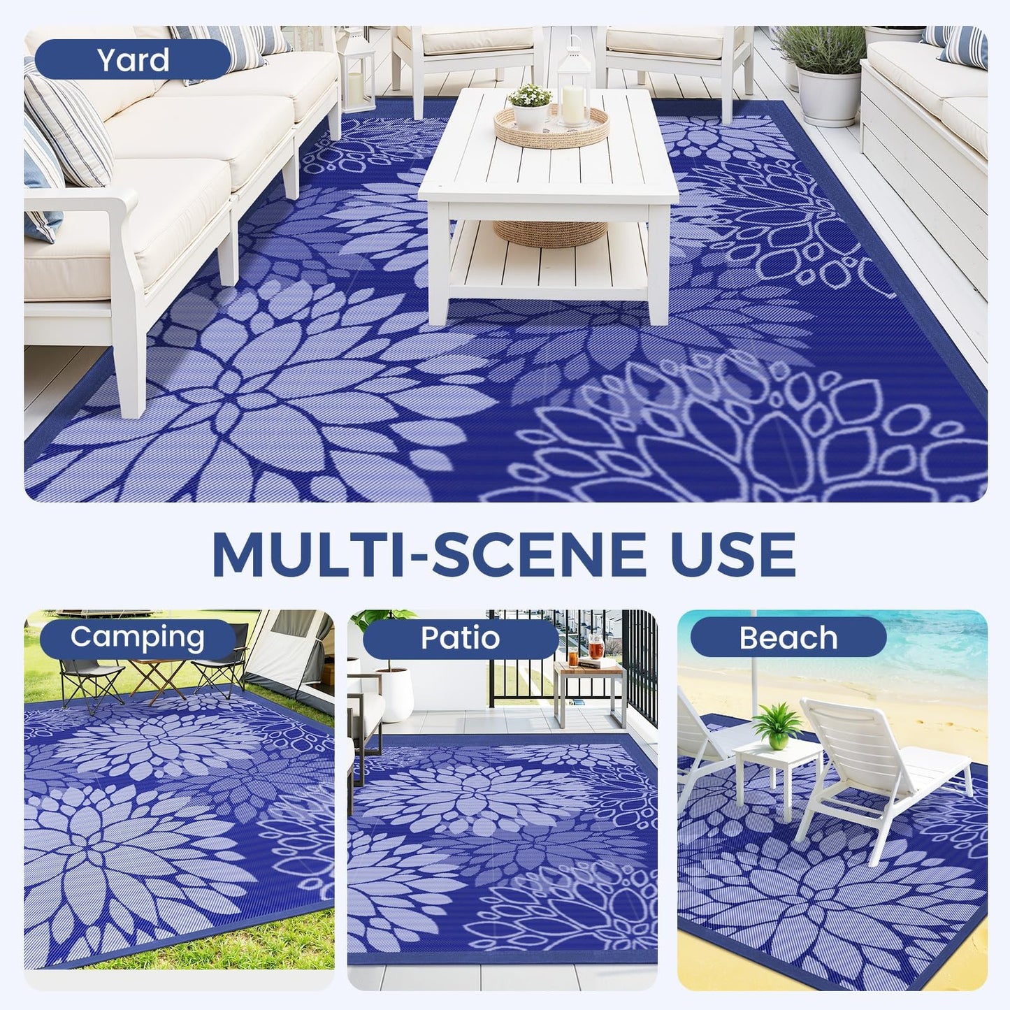 Mattitude Outdoor Rug 5' x 8' Waterproof, Reversible Portable Plastic Straw Area Rugs, Patio Carpet for RV Camping, Porch, Deck, Backyard, Camper, Pool, Picnic, Blue & White