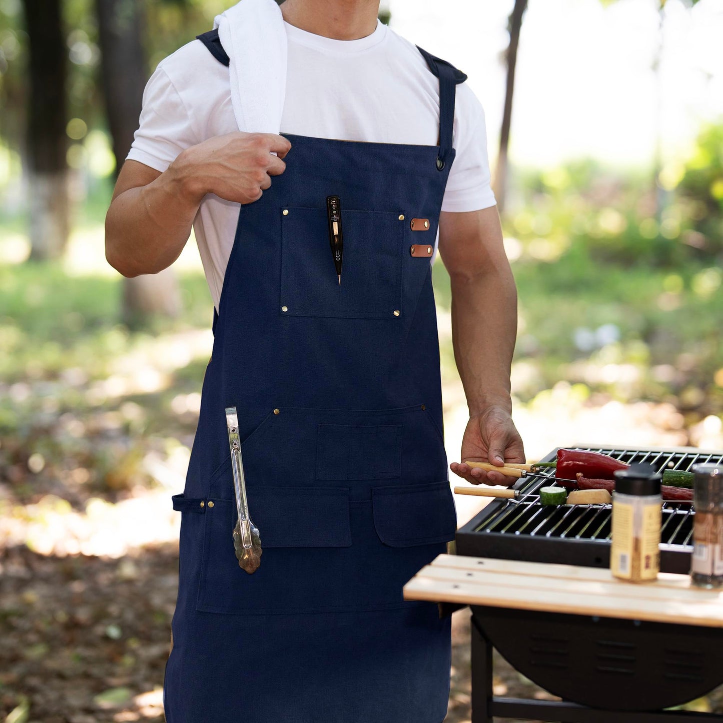 Tosewever Work Aprons for Men with Large Pockets, Canvas Cross Back Heavy Duty Adjustable Tool Aprons for Chef Cooking BBQ (Blue)