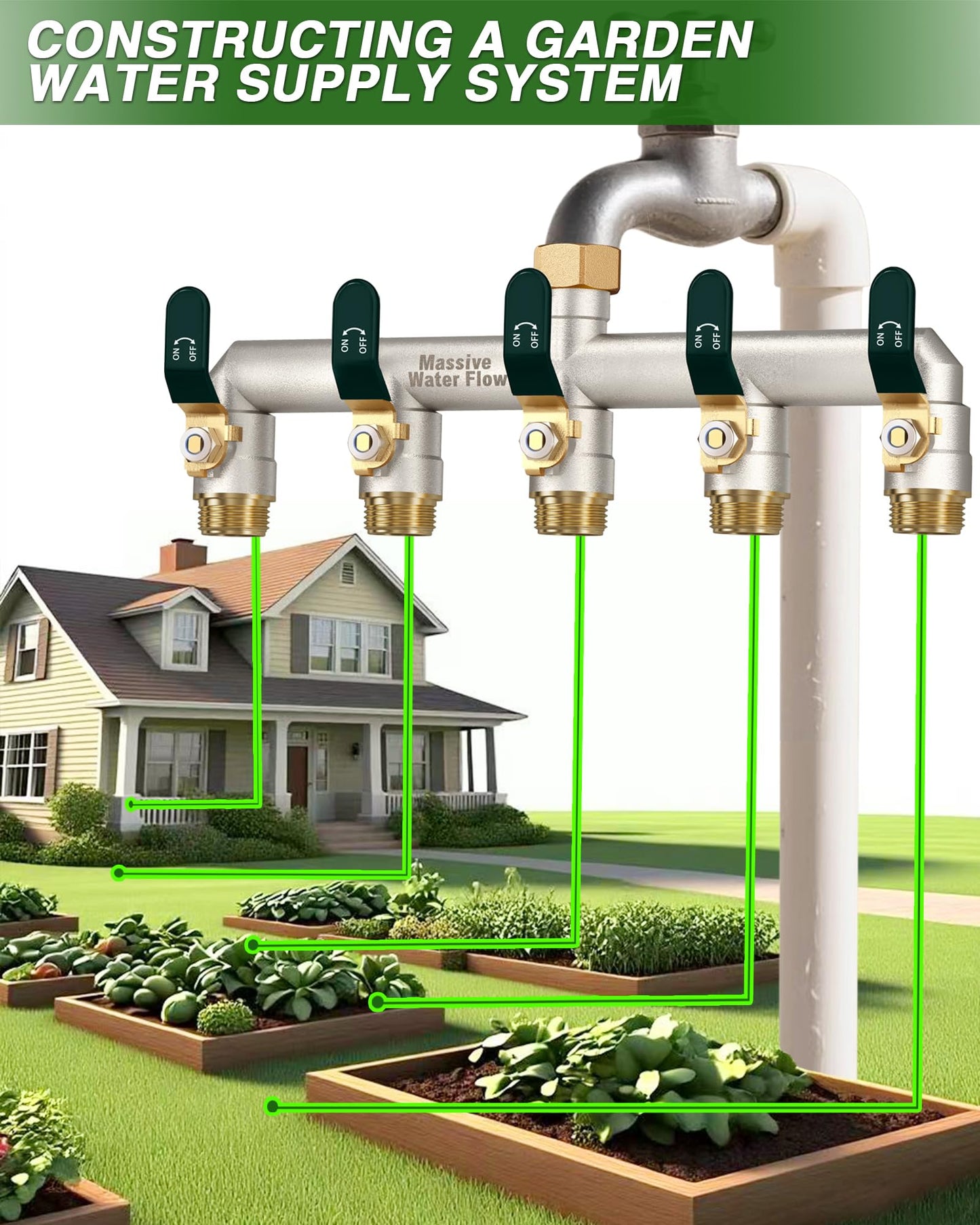 5 Way Hose Splitter, Heavy Duty Full Flow Garden Hose Splitter with 4 Large Metal Handles, Brass Water Hose Bib Splitter, T Adapter Connector with 3/4 - Inch GHT Thread (Green)