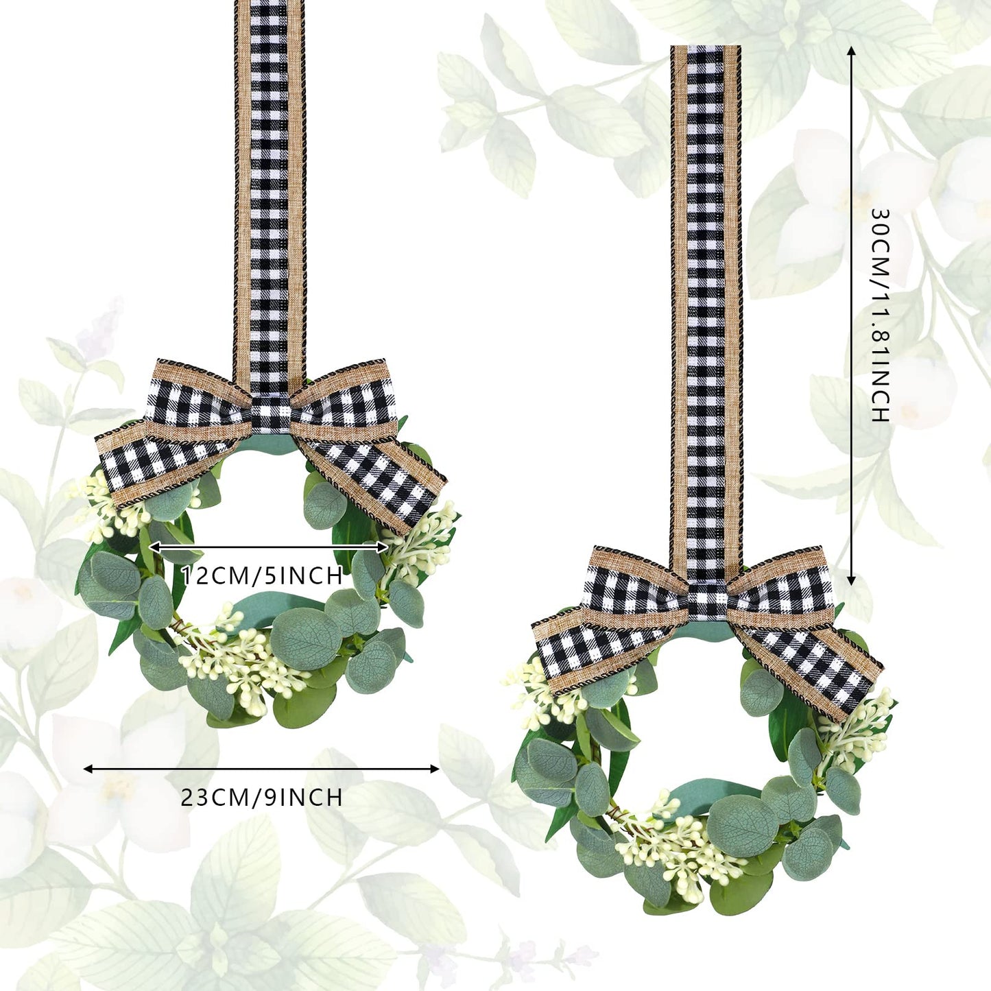 Syhood 2 Pieces 9" Mini Eucalyptus Wreath Artificial Spring Summer Greenery Wreath for Front Door Farmhouse Kitchen Cabinet with Ribbon for Porch Wall Window Decor(Plaid Bow Style)