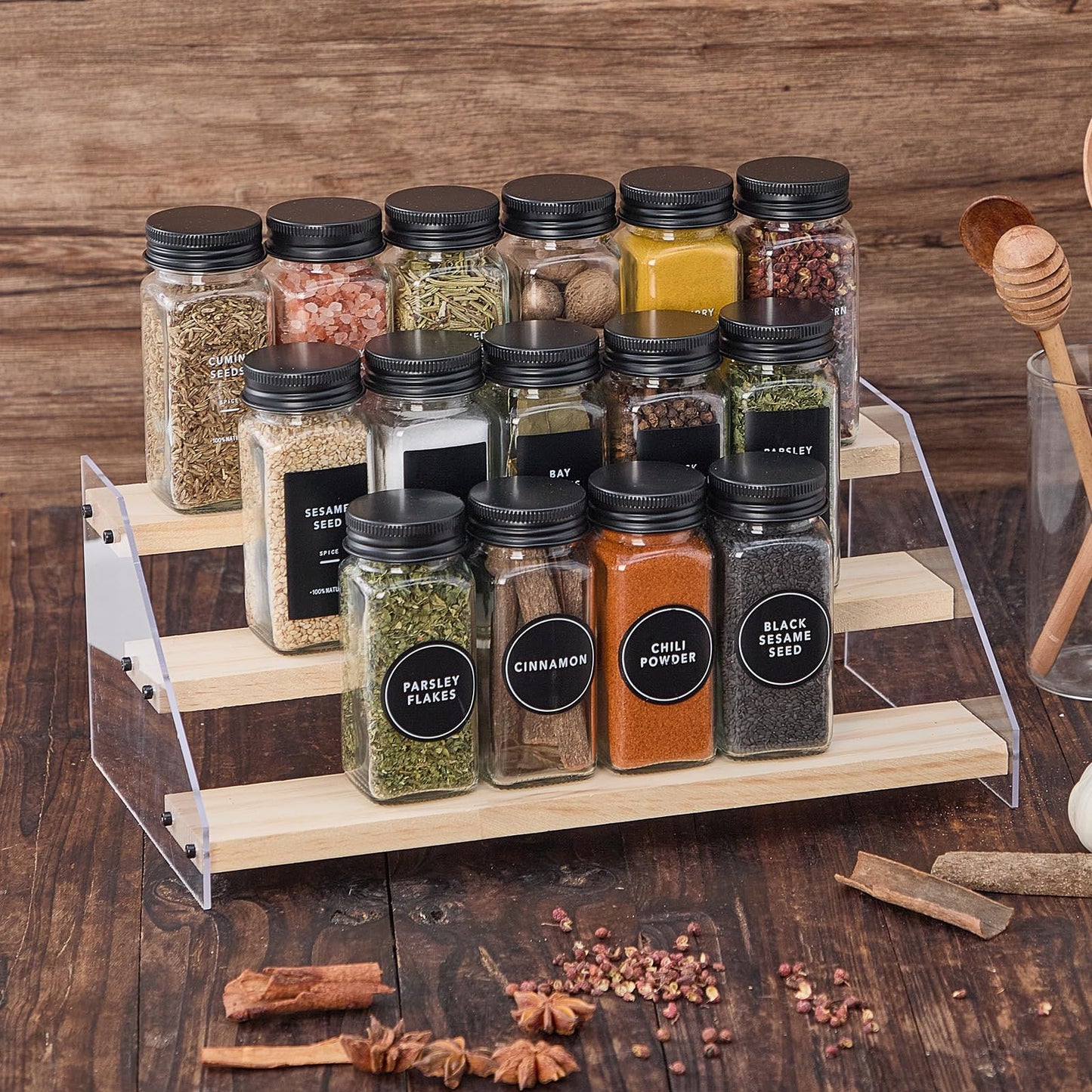 Fiwence 24 Glass Spice Jars with 576 Labels-Spice Jars with Black Metal Caps, 4oz Empty Square Spice Containers with Shaker Lids, Funnel, Pen, Seasoning Bottles for Spice Rack, Drawer, Cabinet