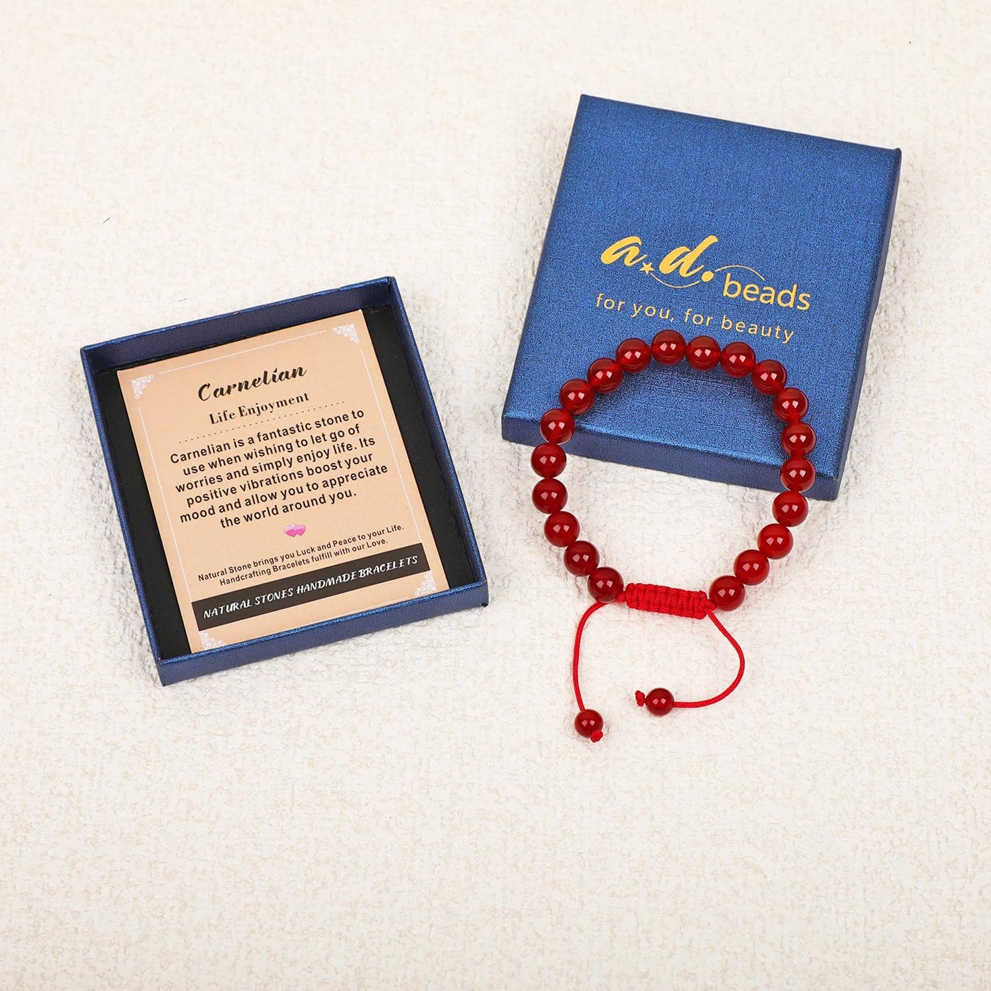 AD Beads 8mm Carnelian Bracelet - Stone of Life Enjoyment - Handmade Natural Stone Crystal Bracelet with Adjustable Macrame String - Yoga Healing Power Energy Gifts for Men and Women