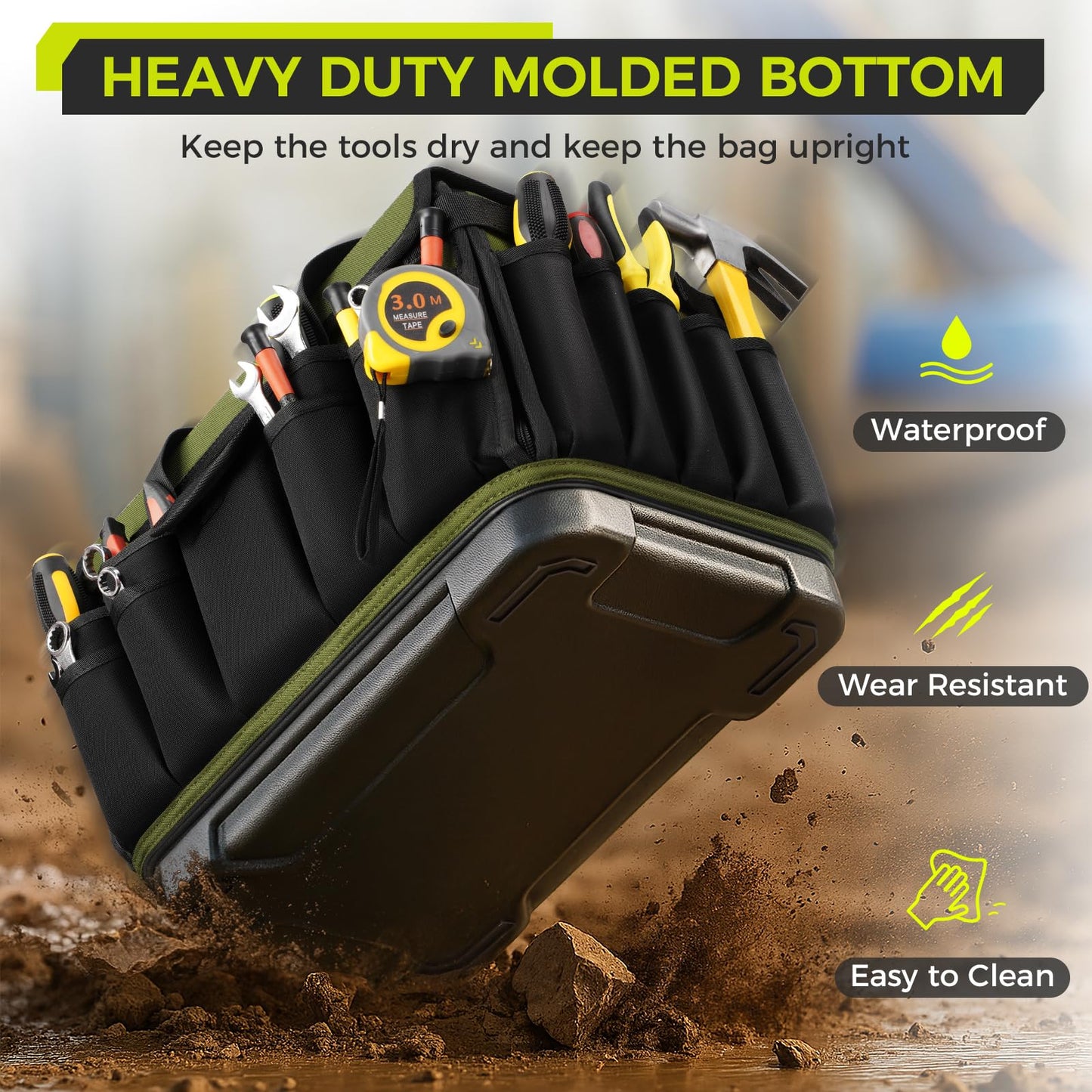 Heavy Duty Tool Bag 16-Inch, 46 Pockets Electrician Tool Bag for men with Hard Bottom & Waterproof Pocket, 1680D Tear-Proof Toolbox Organizer for HVAC Mechanic, Father Day Dad Birthday Gift