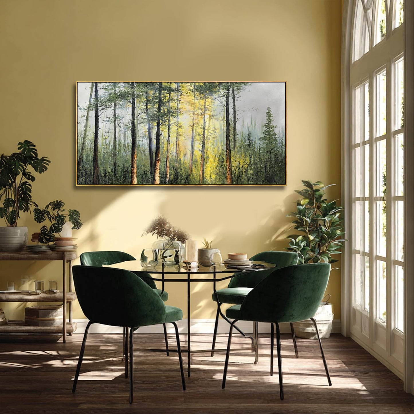 Landscape Framed Canvas Wall Art,Green Nature forest Artwork Prints,Tree Sunrise Scenery Wall Decor for Living Room Bedroom Office 24"x48"