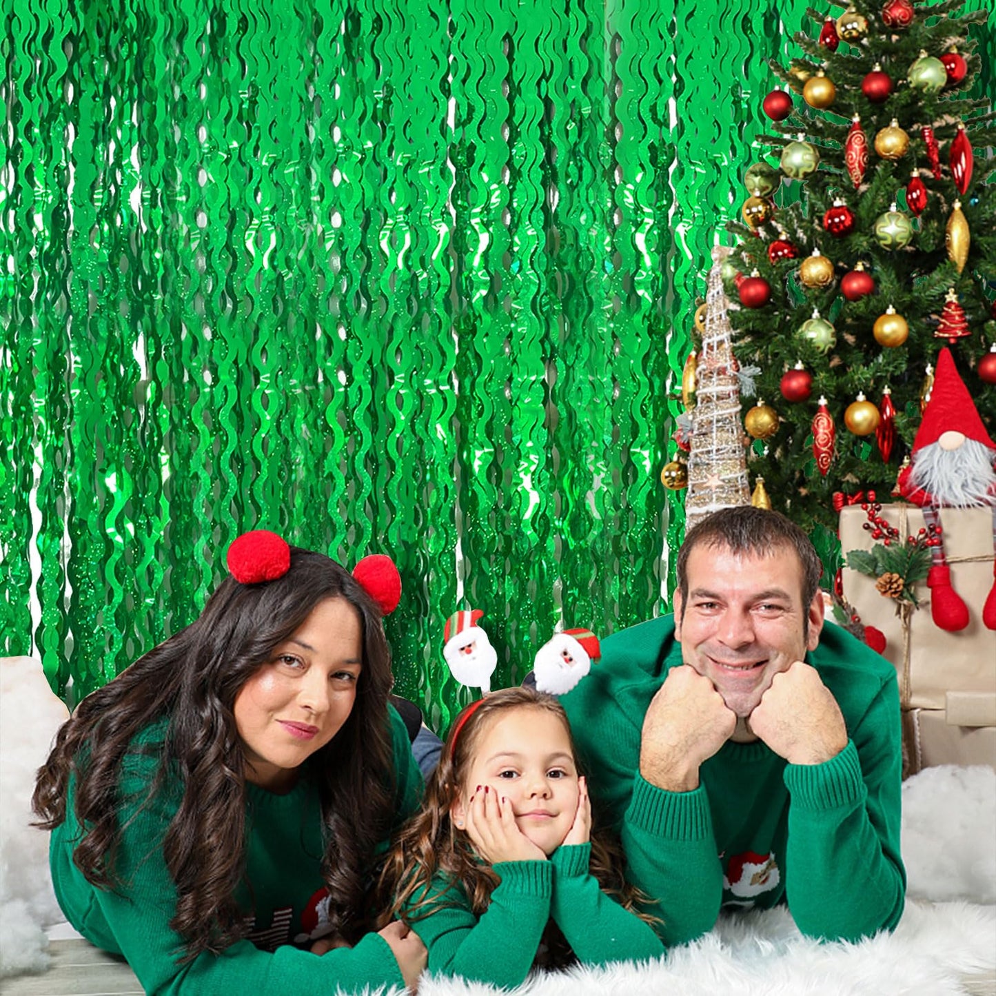 Green Tinsel Foil Fringe Curtains Wavy Backdrop for Party Sparkle Metallic Wavy Streamers Photo Booth Props for Birthday Dinosaur Animal St Patrick's Day Football Christmas Party Decorations