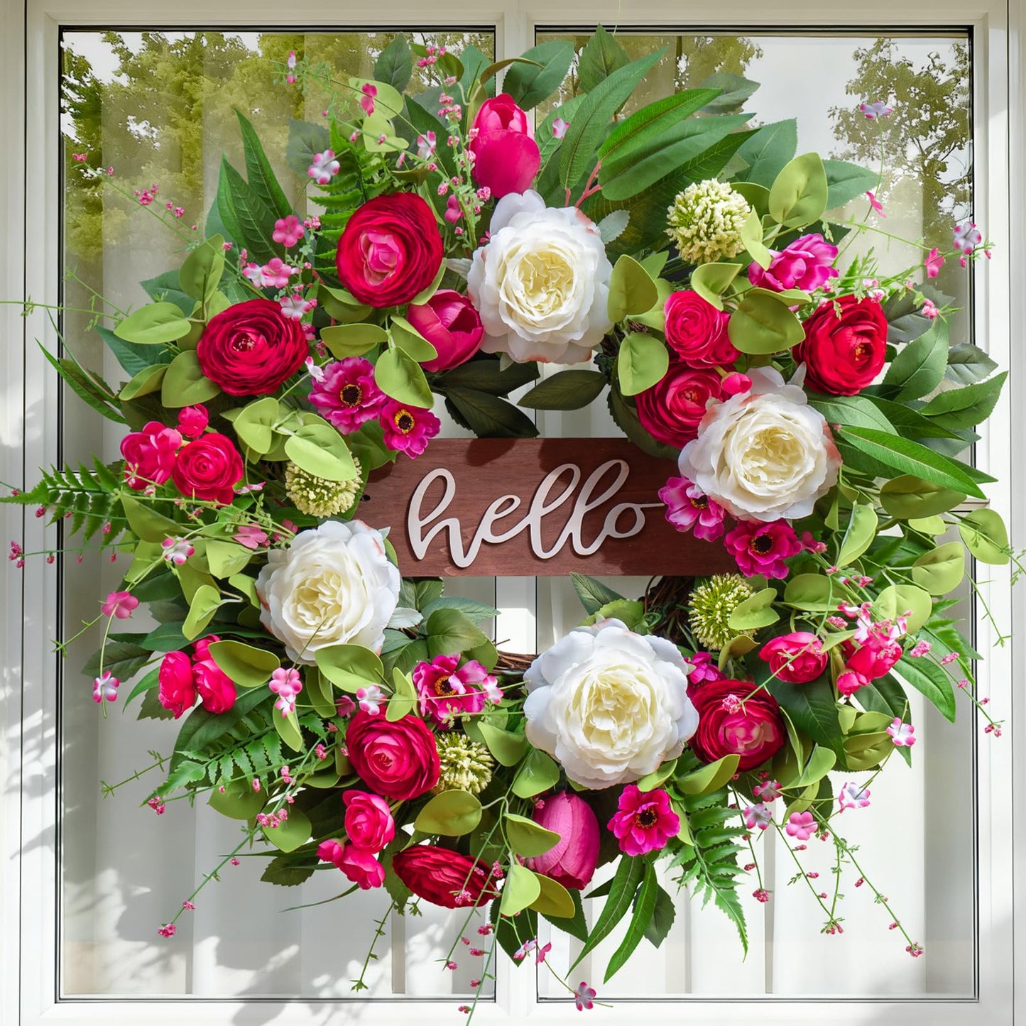Pinkpuii Spring Wreaths for Front Door Outside– 24 Inch Spring Summer Wreath with Vibrant Pink Peony,Tulip & White Rose Flowers and Hello Wooden Sign,Ideal for Farnhouse Porch,Wall,Window Décor