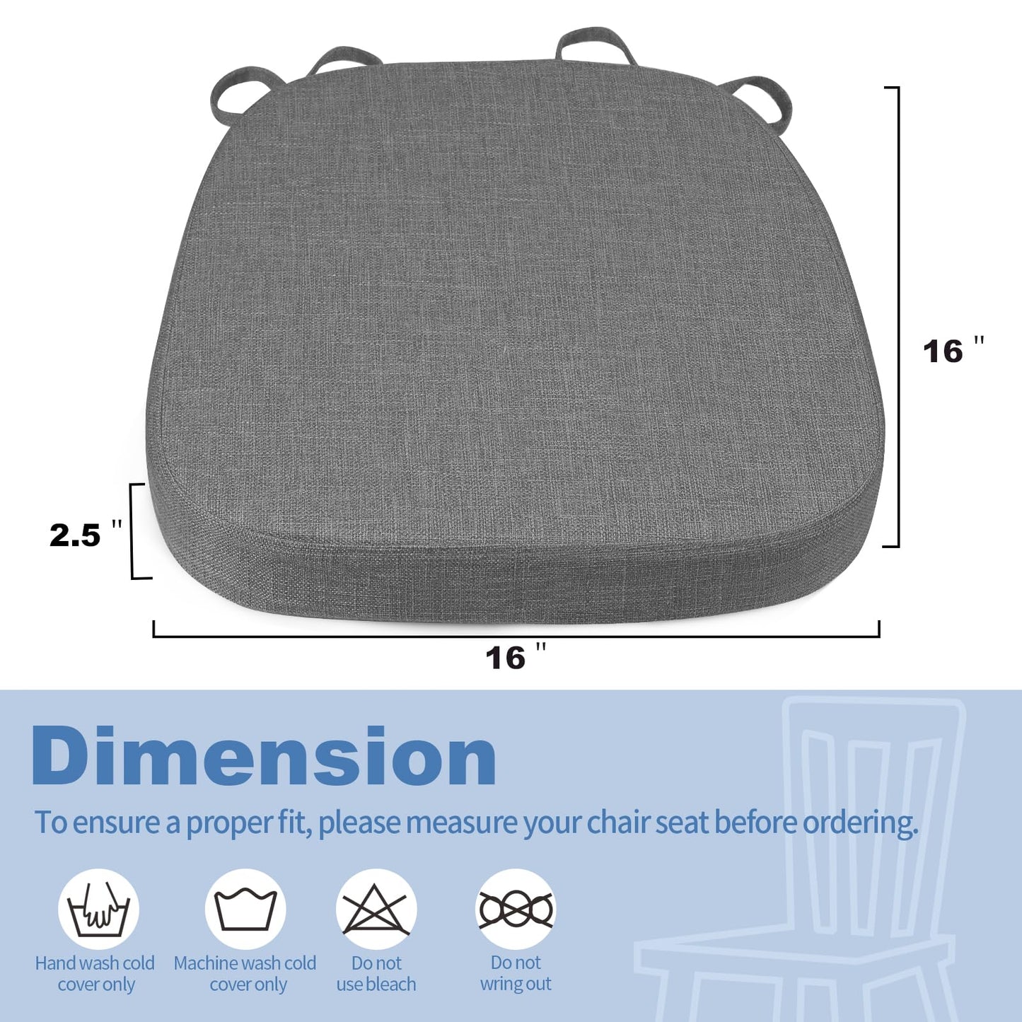 BUYUE Thickened 2.5" Friendly Woven Fabric Dining Chair Cushion, U-Shape High Density Foam Comfortable Chair Pad for Kitchen, Slip Resistant Indoor Seat Cushion (1 Piece, Dark Gray)