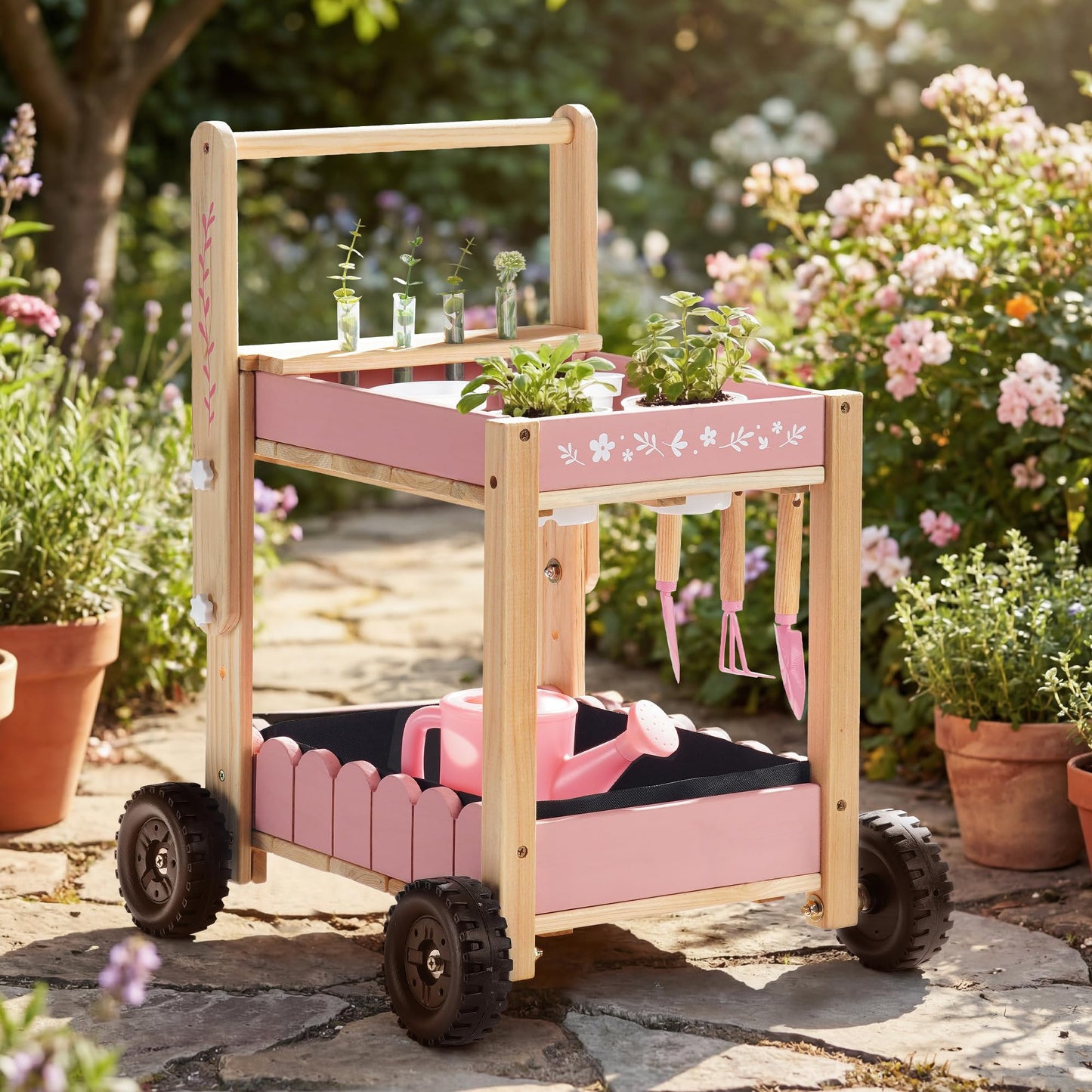ROBOTIME Kids Gardening Tools with Cart Wheelbarrow - Wooden Outdoor Garden Toys Set with Watering Can, Shovel, Hand Rake & Plant Labels, Outdoor Backyard Play Toys for Toddler Gift (Pink)