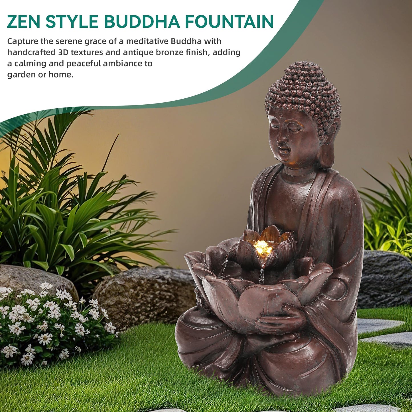 Ultym Zen Buddha Water Fountain Outdoor, 19" H Handcrafted Buddha Statue Water Feature with Soothing Waterfalls & Lights, Peaceful Oasis for Garden Patio Yard Deck Living Room Floor Tabletop Decor