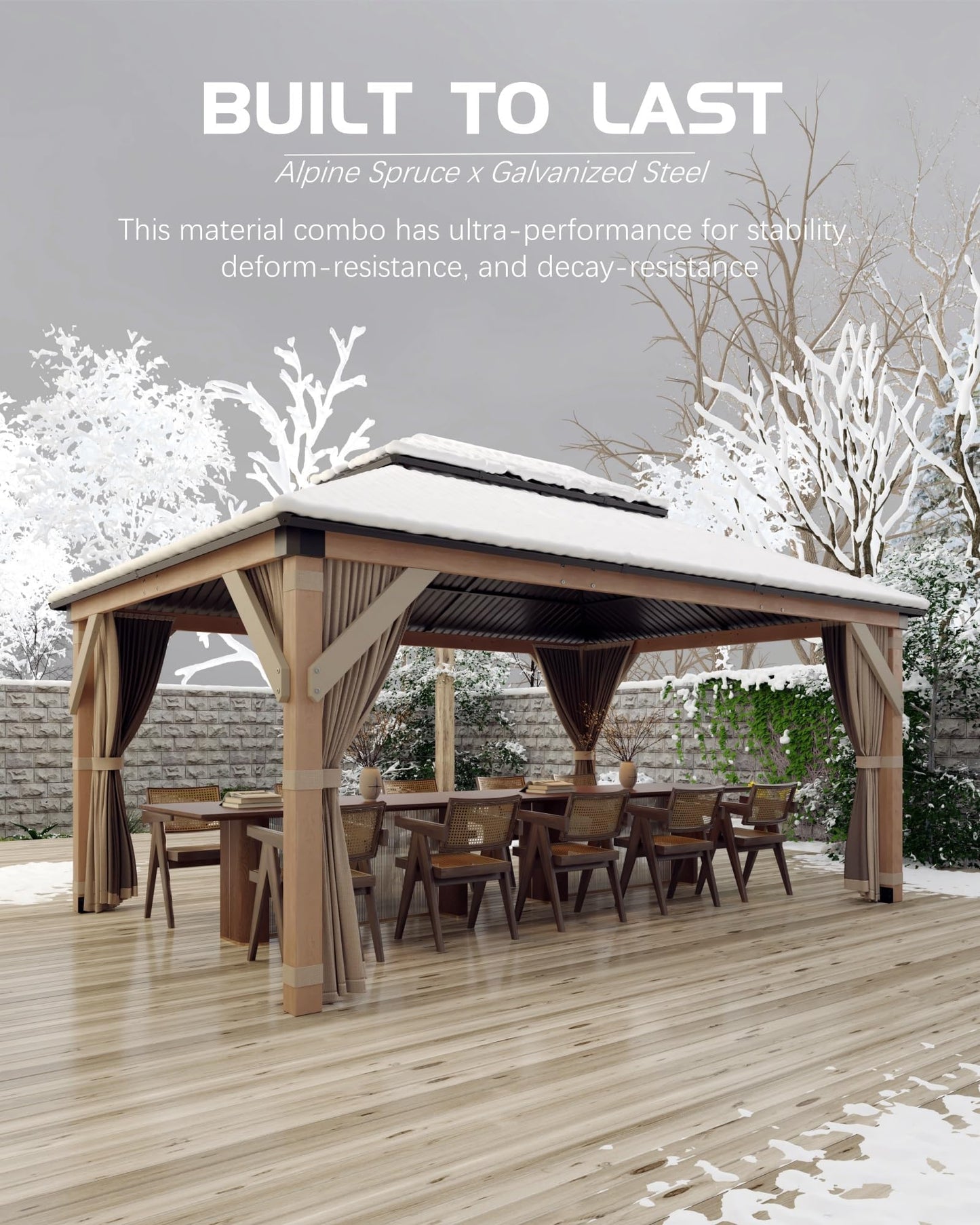 GarveeLife Hard top Wood Gazebo 10 ft x12 ft for All Weather, with Double Metal Roof, Heavy Duty Wooden Frame, Net, and Curtain, Permanent Building for Patio, Deck, Backyard, Lawn, and Garden, Khaki