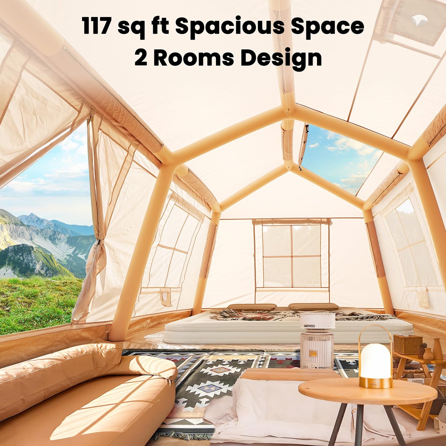 8-10 Person Large Inflatable Camping Tents with Canopy, Blow Up Tent House 2 Rooms, 4 Season Hot Tent with Stove Jack & AC Ports, Glamping Camping Tents for Outdoors, Easy Setup with Air Pump