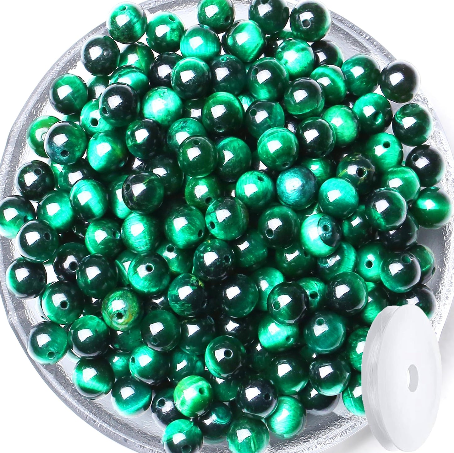 QINJIEJIE 60PCS Green Tiger Eye Beads 8mm Stone Beads Round Loose Gemstone Bead for Bracelet Beading Crystal Jewelry Making DIY Necklace Earrings 0.32"