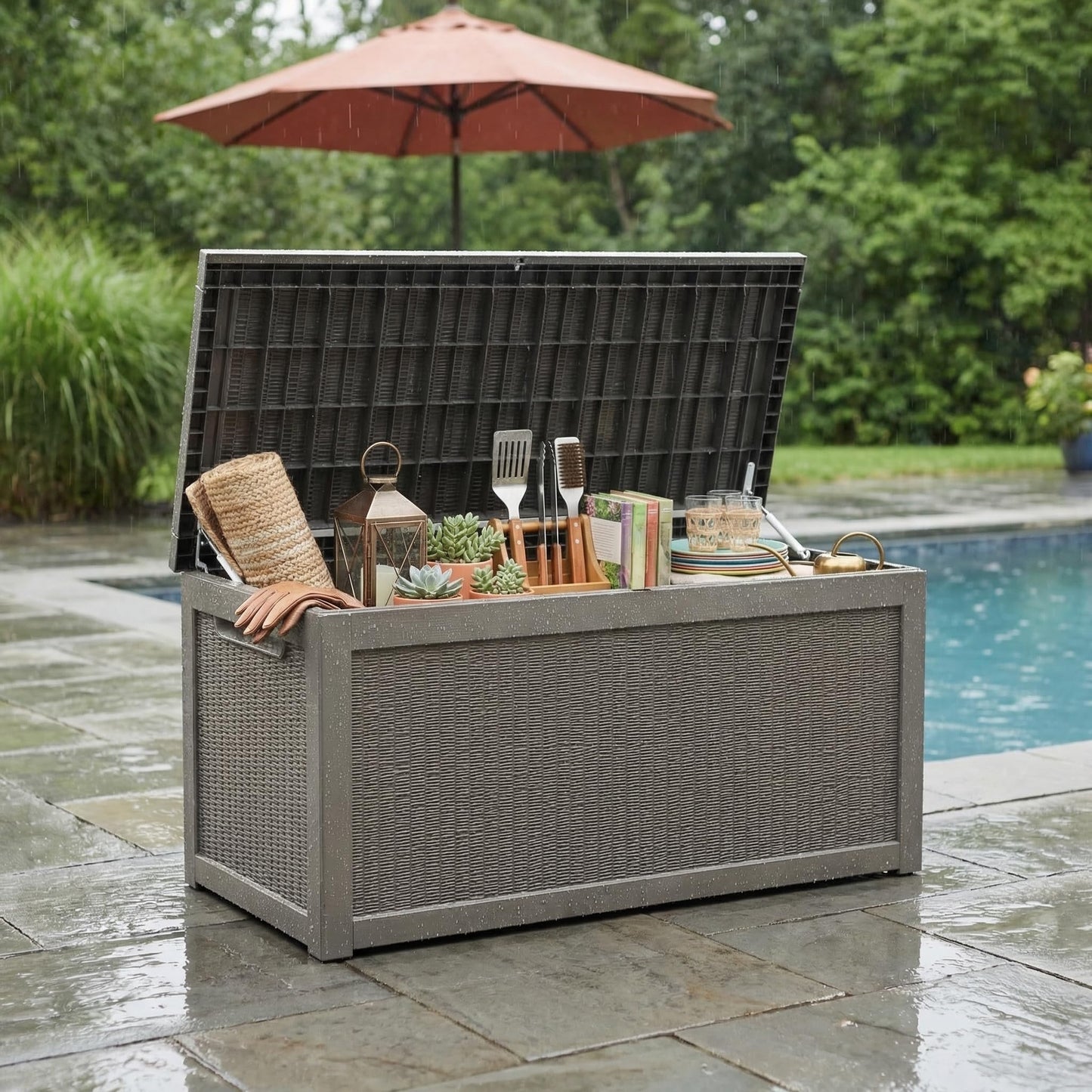 265 Gallon Resin Deck Box Outdoor Storage Chest, Large Waterproof Patio Storage Box All-Weather Garden Storage Container for Cushions, Pool Supplies, Yard Tools – Easy Assembly, Lockable Lid