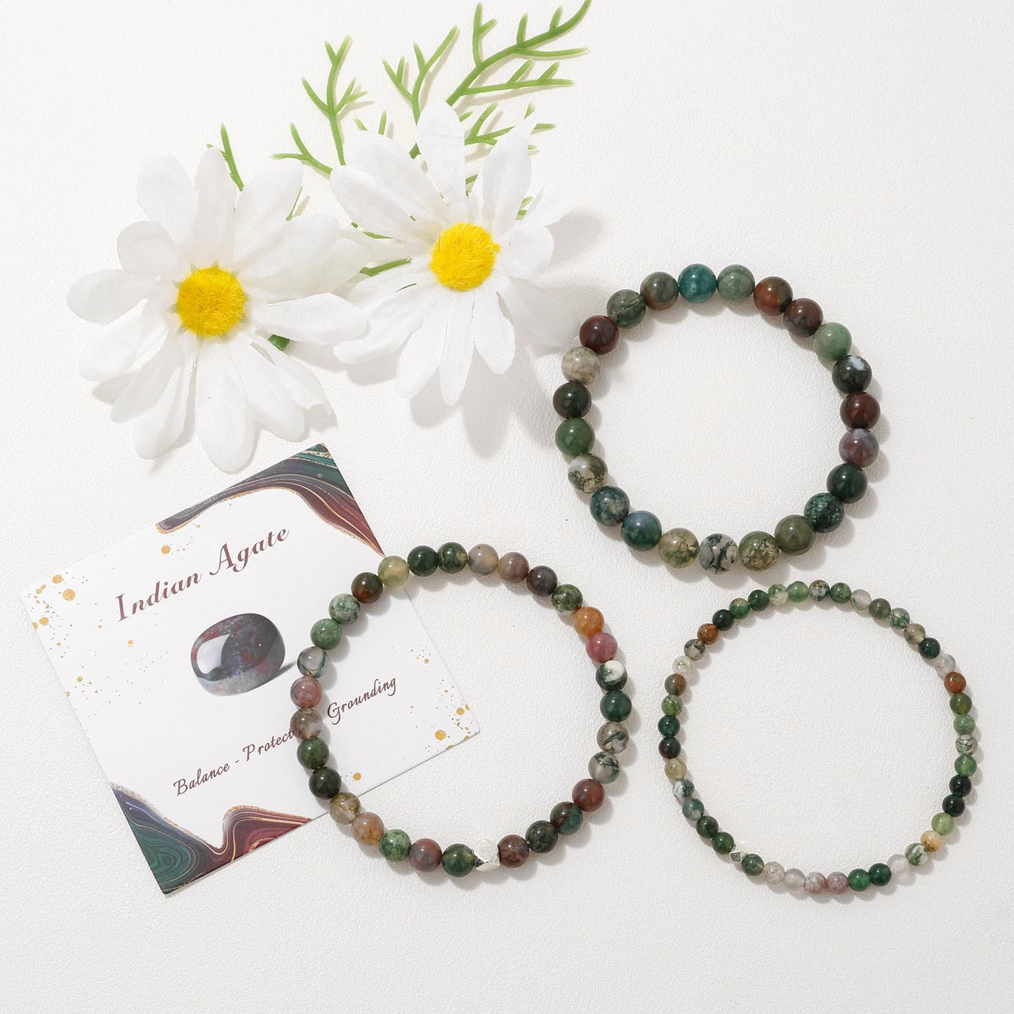 Raicegs 4MM Indian Agate Beaded Bracelets Healing Crystal Bracelet for Women Men Natural Stone Handmade Stretch Bracelet Reiki Spiritual Jewelry