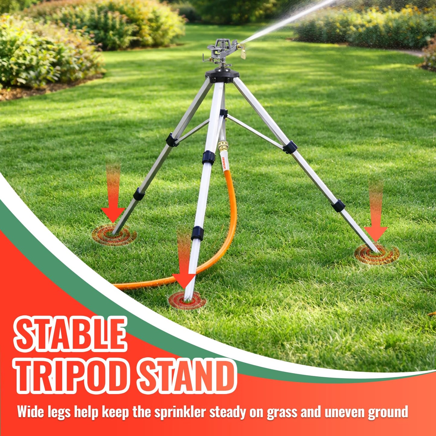 YAMATIC Tripod Impact Sprinkler, Adjustable 21–50 in Lawn Sprinkler with Metal Pulsating Head, Up to 90 ft Spray Distance, 360° Coverage for Large Yard, Garden & Landscape Watering