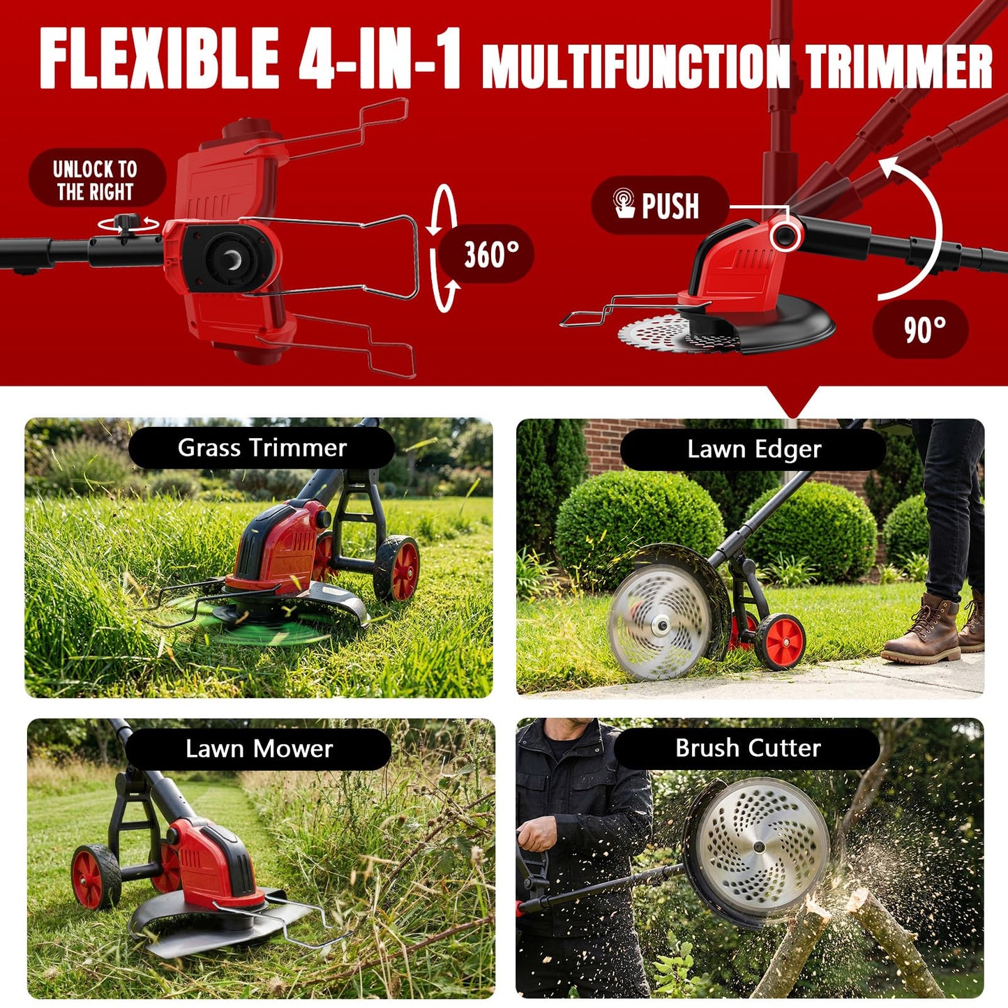 6000mAh Electric Weed Eater Battery Powered,12″ Brushless Electric Weed Wacker Cordless Wheeled String Trimmer,4 in 1 Grass Trimmer/Brush Cutter/Grass Edger/Weed Trimmer 5 Blade, 2 Battery (Red)