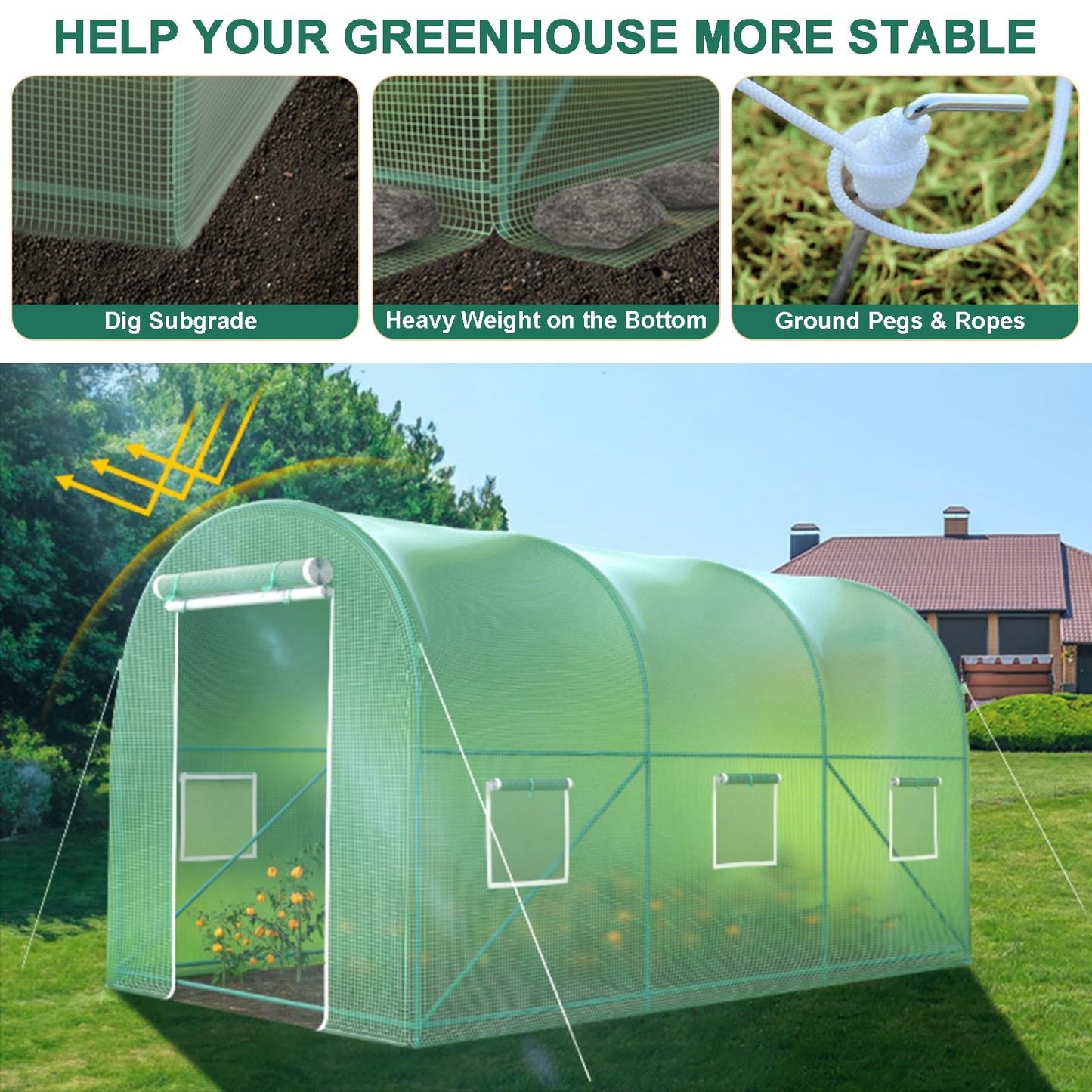 Walk-in Greenhouse, 10x7x7 FT Heavy Duty Tunnel Green House for Outdoors, Portable Green Houses for Outside, Winter Hot House with Metal Frame & Roll-up Zipper Door Screen Windows