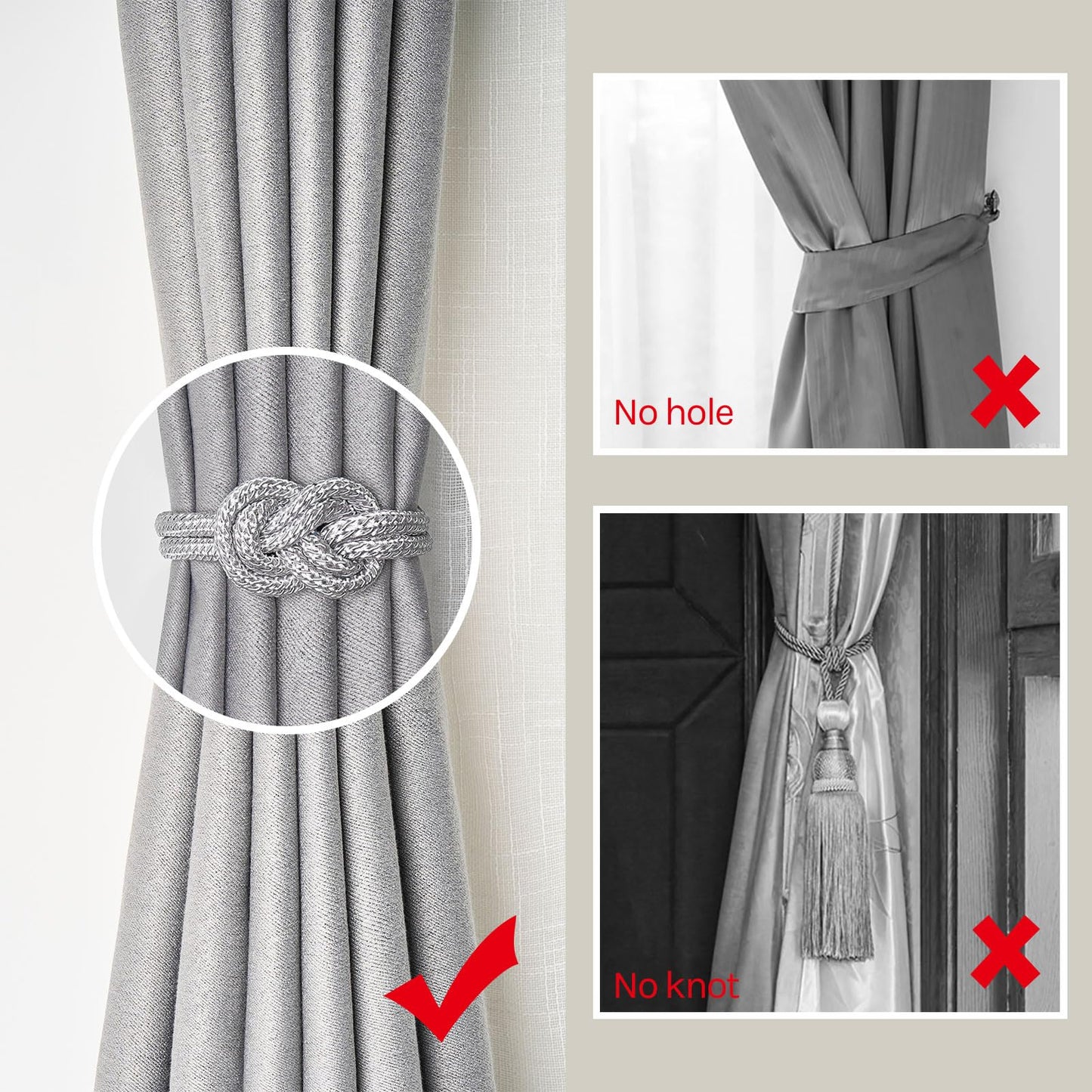 NICEEC 2 Pack Mini Magnetic Curtain Tiebacks Nordic Simple Style Drape Tie Backs Elegant Hand Weave Rope Knot Decorative Curtain Holdbacks for Home & Office Thin Window Drapery (Silver Grey)