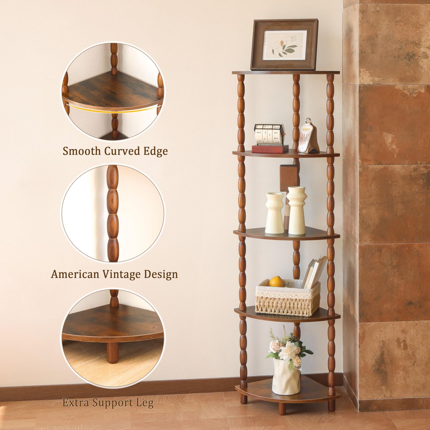 MaxSmeo Corner Shelf, 5-Tier Corner Bookshelf for Small Spaces, Stylish Corner Storage Display Shelves for Bedroom, Bathroom, Kitchen, Living Room (Rustic Brown)