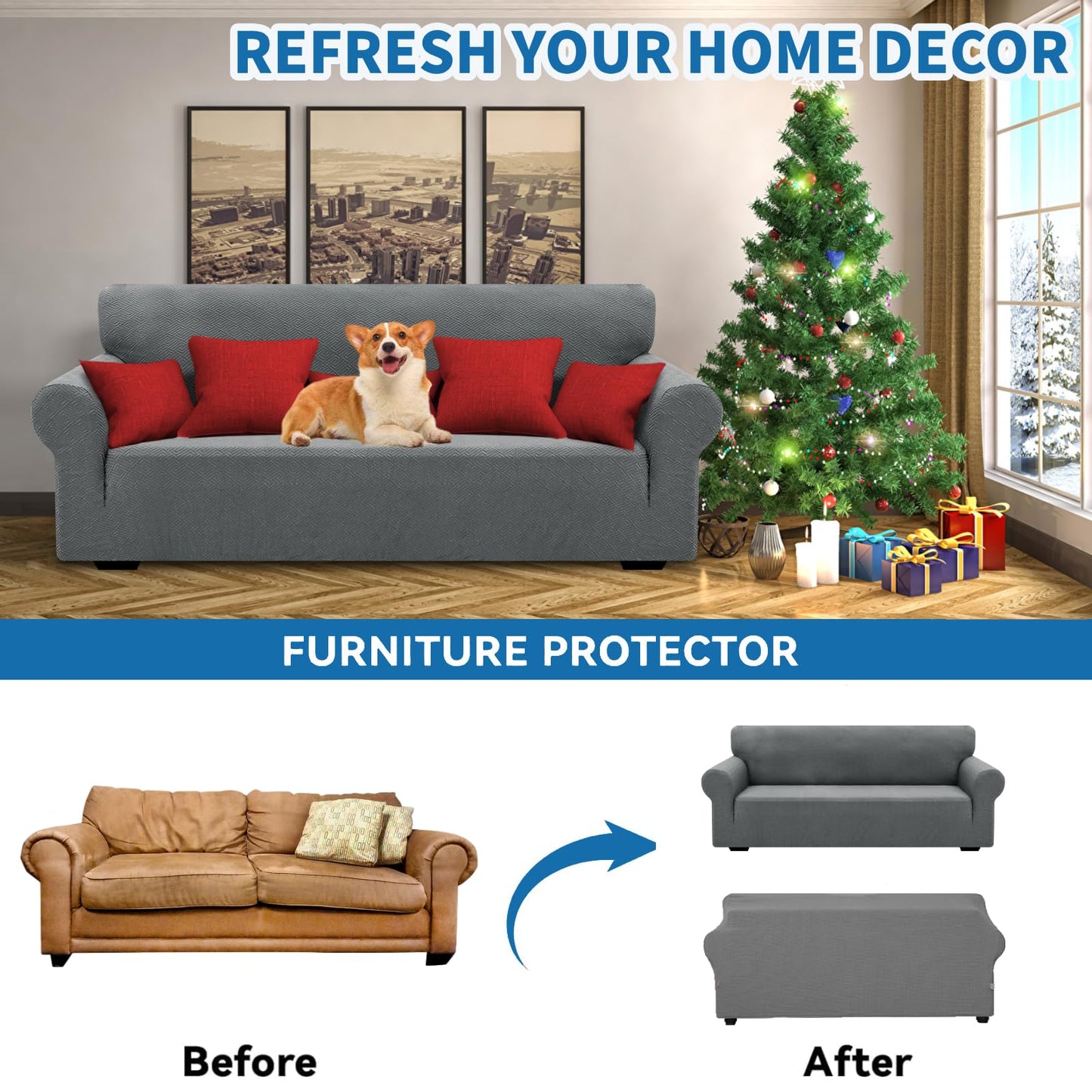 XINEAGE 2026 New 1 Piece Couch Covers for 3 Cushion Couch (79"-91") Stretch Sofa Cover Slipcover Pet Friendly Soft Washable Furniture Protector with Elastic Bottom for Kids,Dog (Sofa, Light Gray)