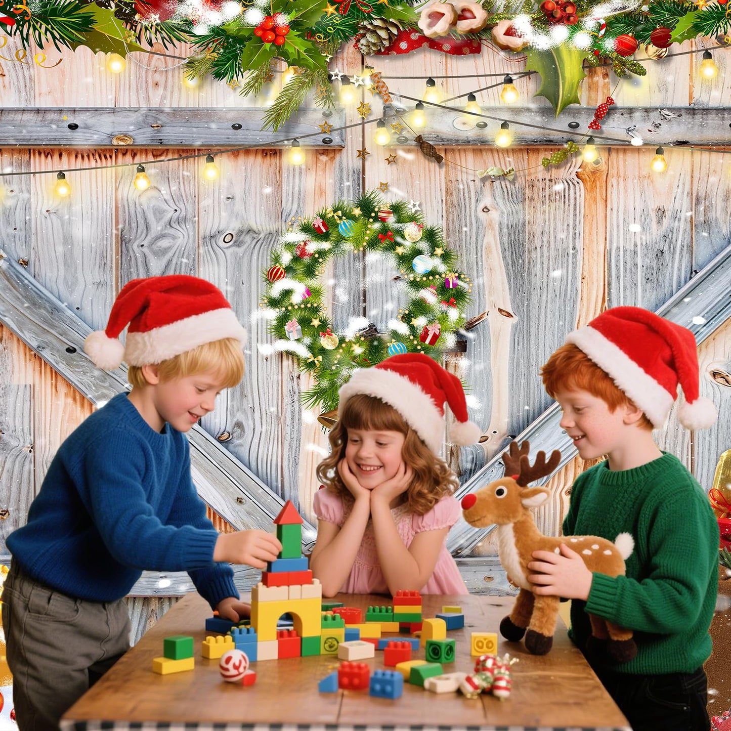 Christmas Photo Backdrop for Photography, Rustic Barn Wood Door Backdrops for Photoshoot, Xmas Tree Snow Red Gift Christmas Party Decorations 7x5ft