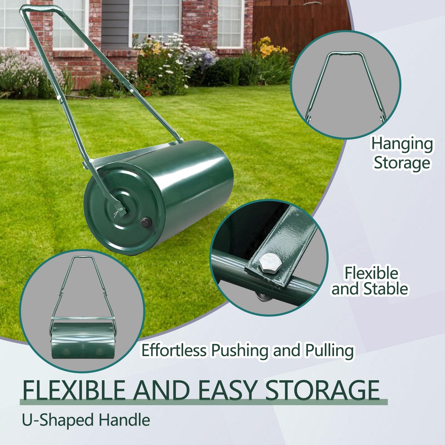 Garvee 9.5 Gallon Tow-Behind Lawn Roller | Water/Sand Fillable Garden Drum with u-Shape Handle | Heavy Duty Soil Leveler for Seeding, Sod, and Turf Maintenance