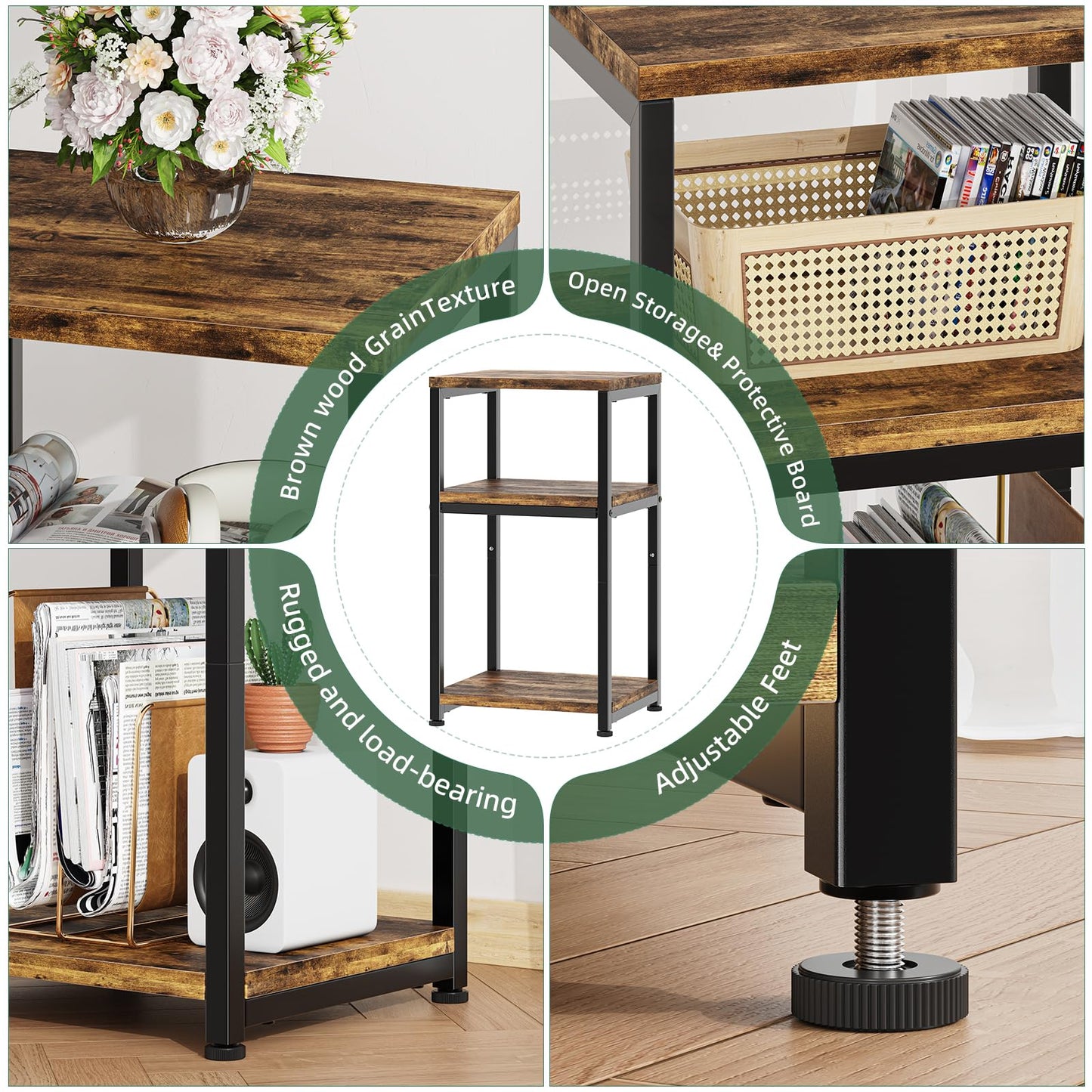 Simple Trending 3 Tier Side Table, End Table Night Stand Sofa Table Shelf for Living Room, Rustic Brown