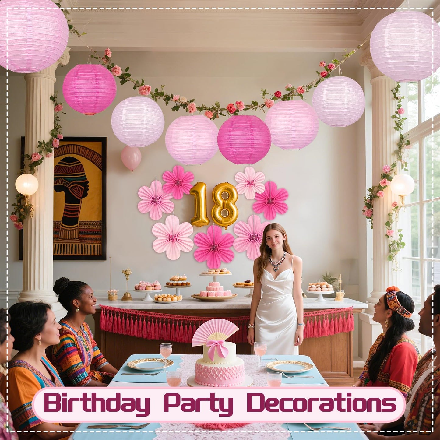Pink Party Decorations, 18Pcs Hot Pink Hanging Paper Lanterns & Flower Fans 8"-14" for Girls Birthday, Bridal Shower, Wedding, Bachelorette, Girls Night, Graduation Party Decor