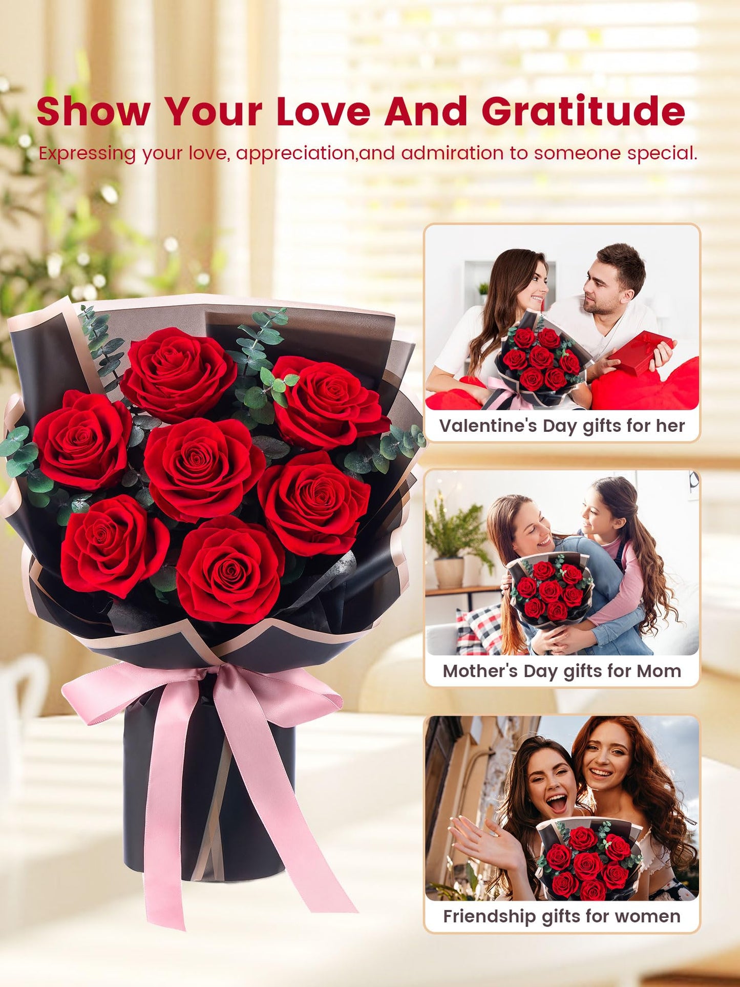 Mosstory Flower Bouquet Flowers for Delivery Prime 7-Piece Preserved Roses Bouquet Gift for Women Mother Wife Mother Day Wedding Anniversary Birthday (Red Roses)