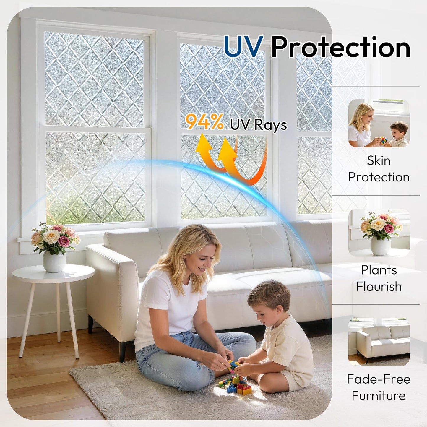 rabbitgoo Window Privacy Film, Decorative Privacy Window Film Sun Blocking, Frosted Glass Cling for Home Door, Non-Adhesive Static Cling Sticker Covering Heat Blocker, Clear, 17.5" x 78.7"