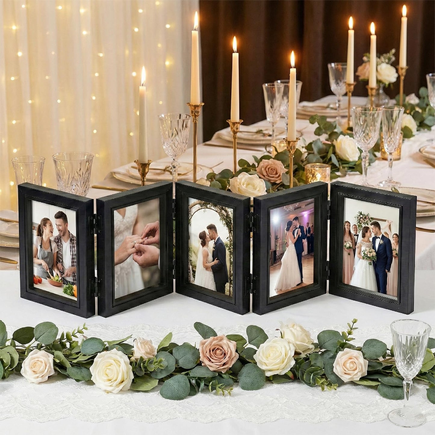 5 Folding Hinged Picture Frame 3.5 x 5 Inches High Definition Natural Wood Collage Mounts Rustic Wood Desk Family Photo Collage Stand Vertical on Tabletop Foldable Photo Frame for Family Birthday