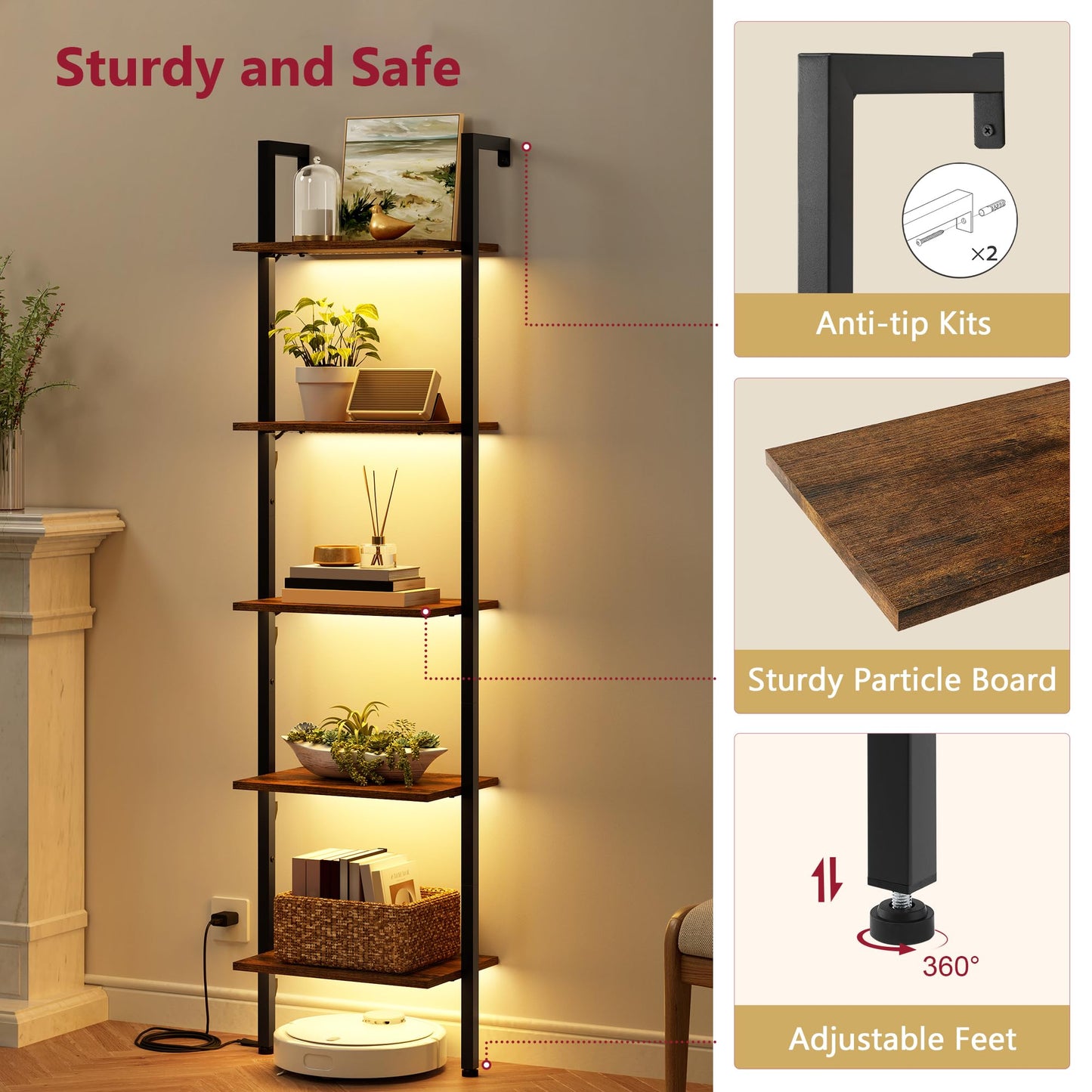 Tajsoon 5-Tier Ladder Shelf with LED Light, Wall Mounted Ladder Bookshelf with Metal Frame, Wall Ladder Bookshelf for Living Room, Bedroom, Office, Rustic Brown