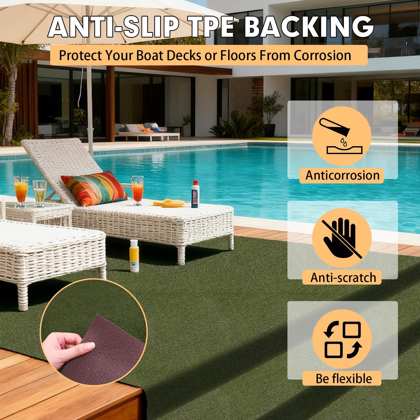 Grefinity Marine Carpet,6 FT x 14 FT Olive Green Indoor Outdoor Carpet 0.2" Thick with Water-Proof TPE Backing, Non-Slide for Home, Patio, Porch, Deck