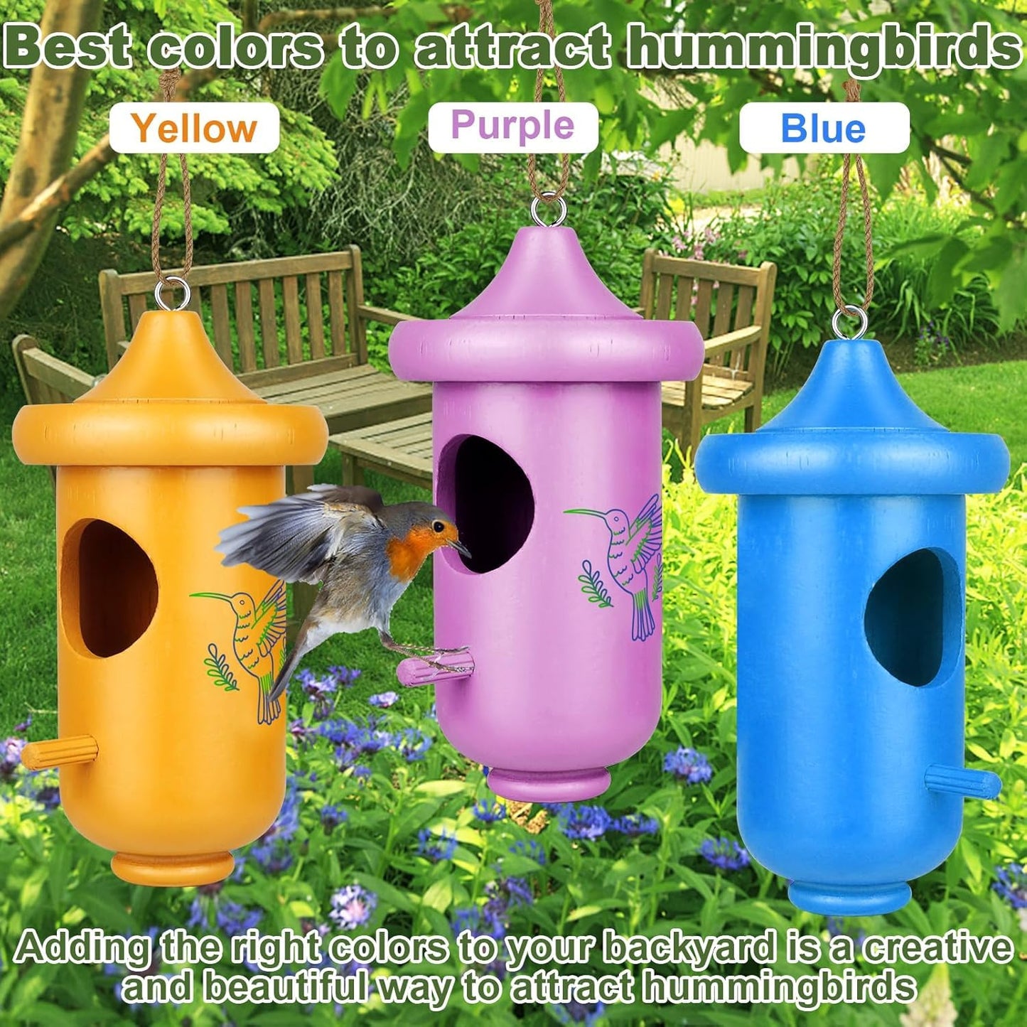 Hummingbird House for Outside Hanging, Garden Window Decorative Wooden Humming Bird Nest 3 Pack Blue Yellow Purple, Hummingbird Gifts for Garden Lovers, Great Home Decoration