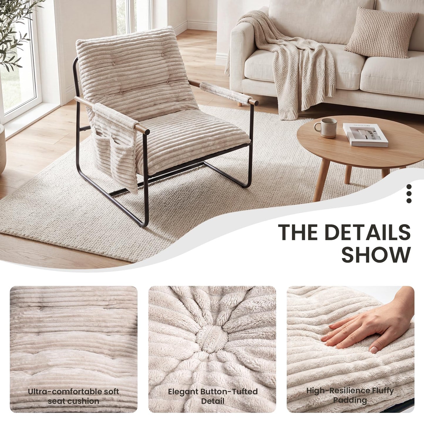 Comfy Accent Chair Modern Living Room Chair Cozy Lounge Chairs Oversized Armchair With Wood Armrests Sturdy Metal Frame Upholstered Reading Chair Soft Cushion sofa Chairs For Bedroom Balcony Porch