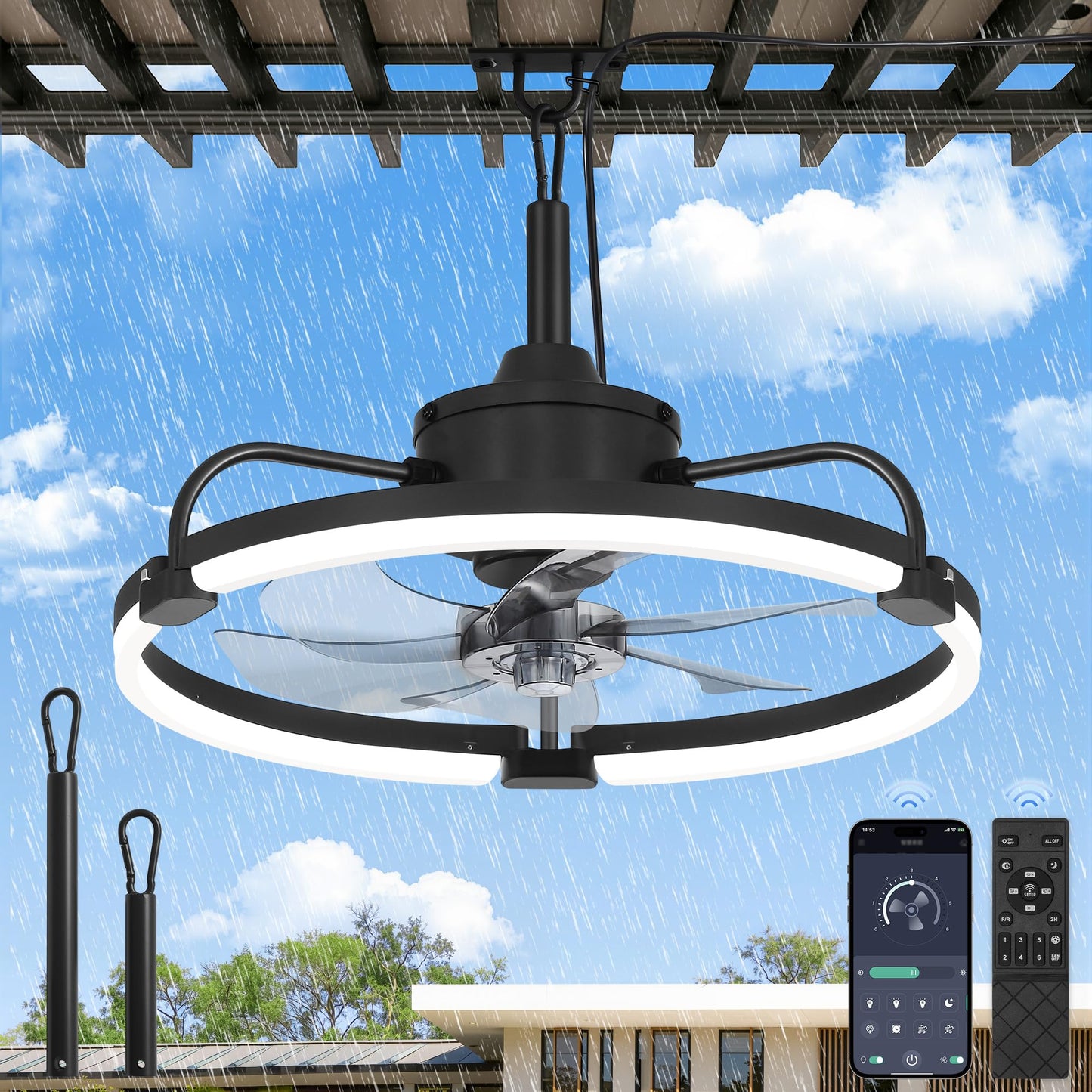 LEDIARY 20" Outdoor Ceiling Fan with Lights, IP65 Waterproof Gazebo Fan with Hanging Hook, Plug-in Ceiling Fan Remote&APP Control, 3CCT Dimmable, 6-Speeds, Caged Ceiling Fan for Gazebo,Patio,Pergola