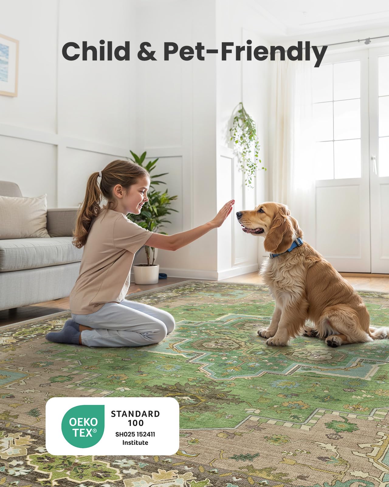 AMADA HOMEFURNISHING 9x12 Area Rug for Living Room, Vintage Washable Area Rug Low-Pile & Non-Slip Carpet for Bedroom Dining Room Nursery Home Office, Green