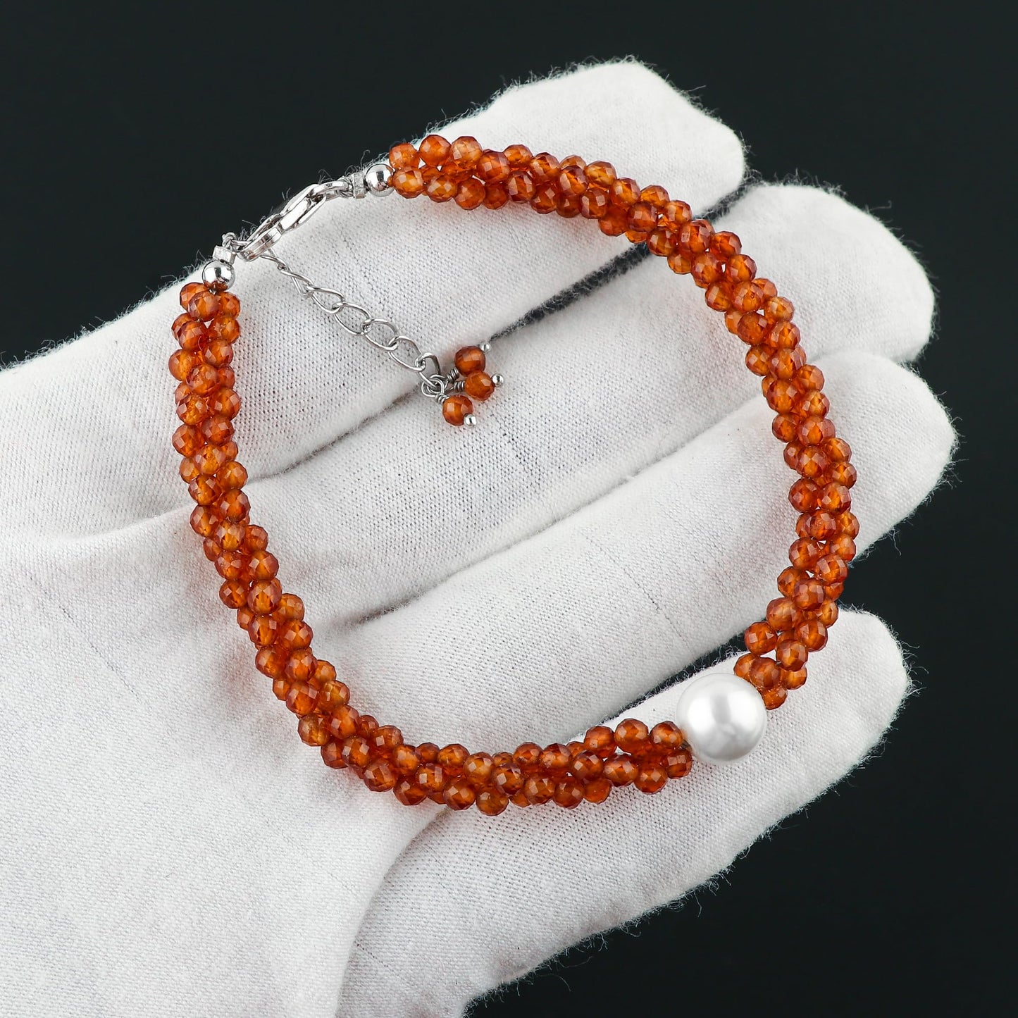 CRYSTALIS Natural Hessonite Garnet Beads Twisted Rope Bracelet with Elegant Pearl, High Grade Gemstones, Chakra Healing Stones, Gift Giving Womens Jewelry, 925 Sterling Silver Bracelet 8 inch