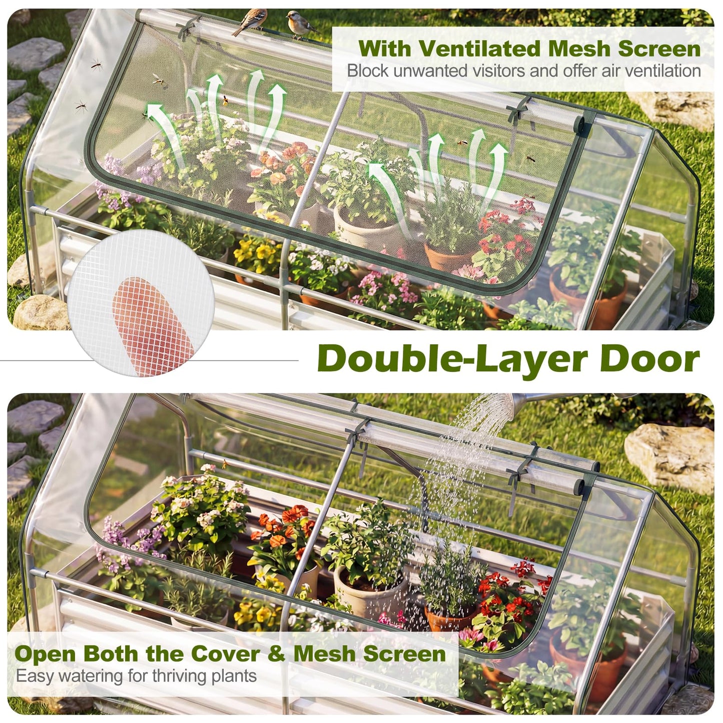 S AFSTAR Raised Garden Bed with Cover, 6FT x 3FT x 3FT Galvanized Bottomless Garden Bed with Greenhouse, Dual 2-Tier Roll-Up Windows, Easy Venting & Watering, Outdoor Metal Planter Box Kit with Cover