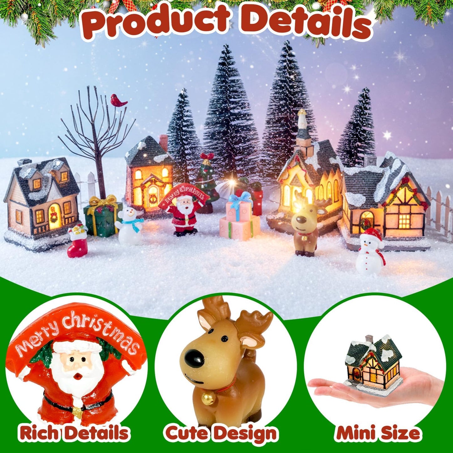 Warmtree 22 Pcs Christmas Village Houses Set, Resin Christmas Scene Village Town, Santa Tree Picket Fence Snow Figurines Accessories for Holiday Home Garden Office Festival Decor