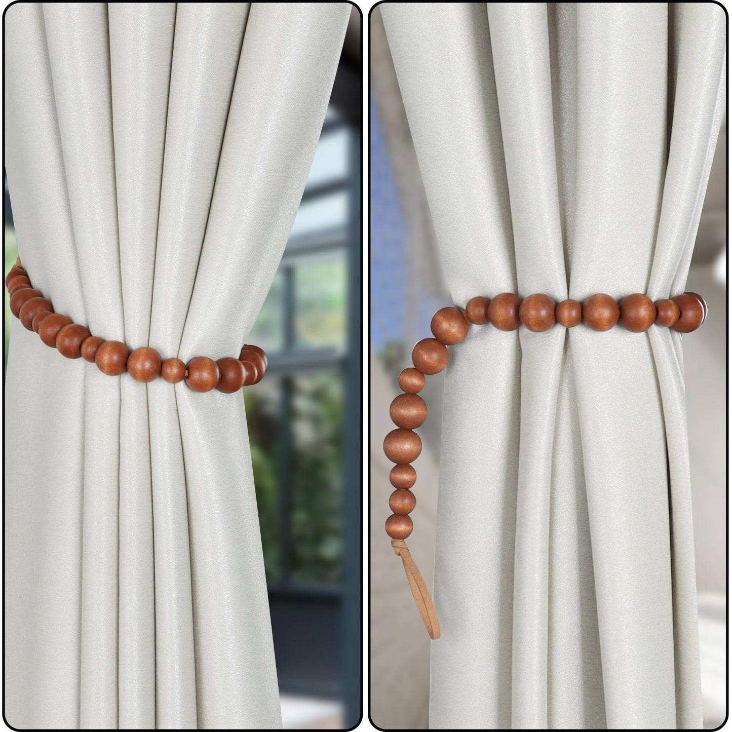 OCIOLI 2 Pieces Curtain Tieback Wood Bead Curtain Tiebacks Curtain Holdbacks for Wall Curtain Ties Window Treatment Curtain Tie Backs with Hooks Curtain Pull Backs (Coffee,2)