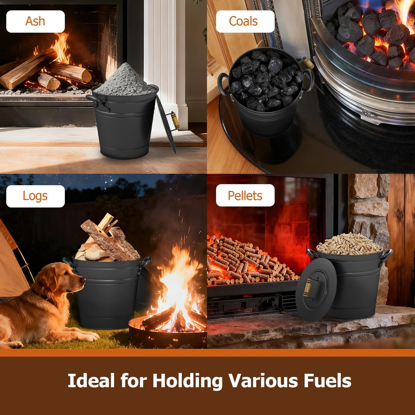 COSTWAY Ash Bucket with Lid Set of 2, 2.9 Gallon Metal Coal Ash Can w/Wooden Lid, Side Grips, Indoor & Outdoor Fireplace Ash Tool Cleaning Bucket for Fireplace Fire Pits Wood Burning Stoves, Black