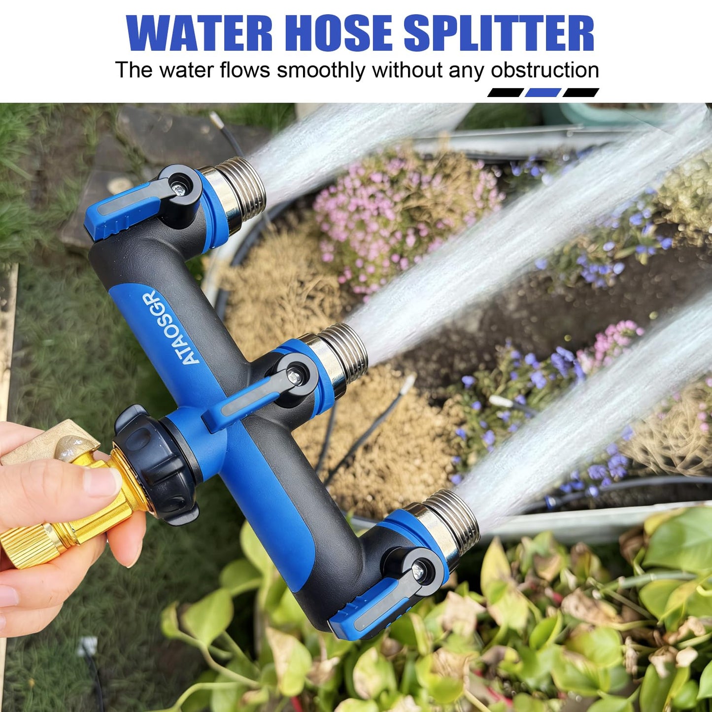 Garden Hose Splitter, 3 Way Water hose bib Spigot splitter, T Hose Connector- with Shutoff Valves Water Adapter，Outdoor Faucet Splitter 3/4" GHT Thread， For Home Outdoor Garden irrigation（ blue）