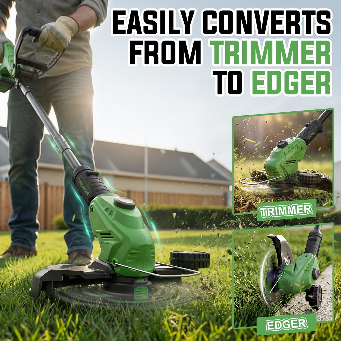 JKLARI Cordless Weed Wacker, 21V Battery Powered Grass Trimmer & Edger 2-in-1, Electric Weed Wacker with 2 × 2.0Ah Batteries and 8 × Spare Spools, Lightweight Edger Lawn Tool for Yard & Garden