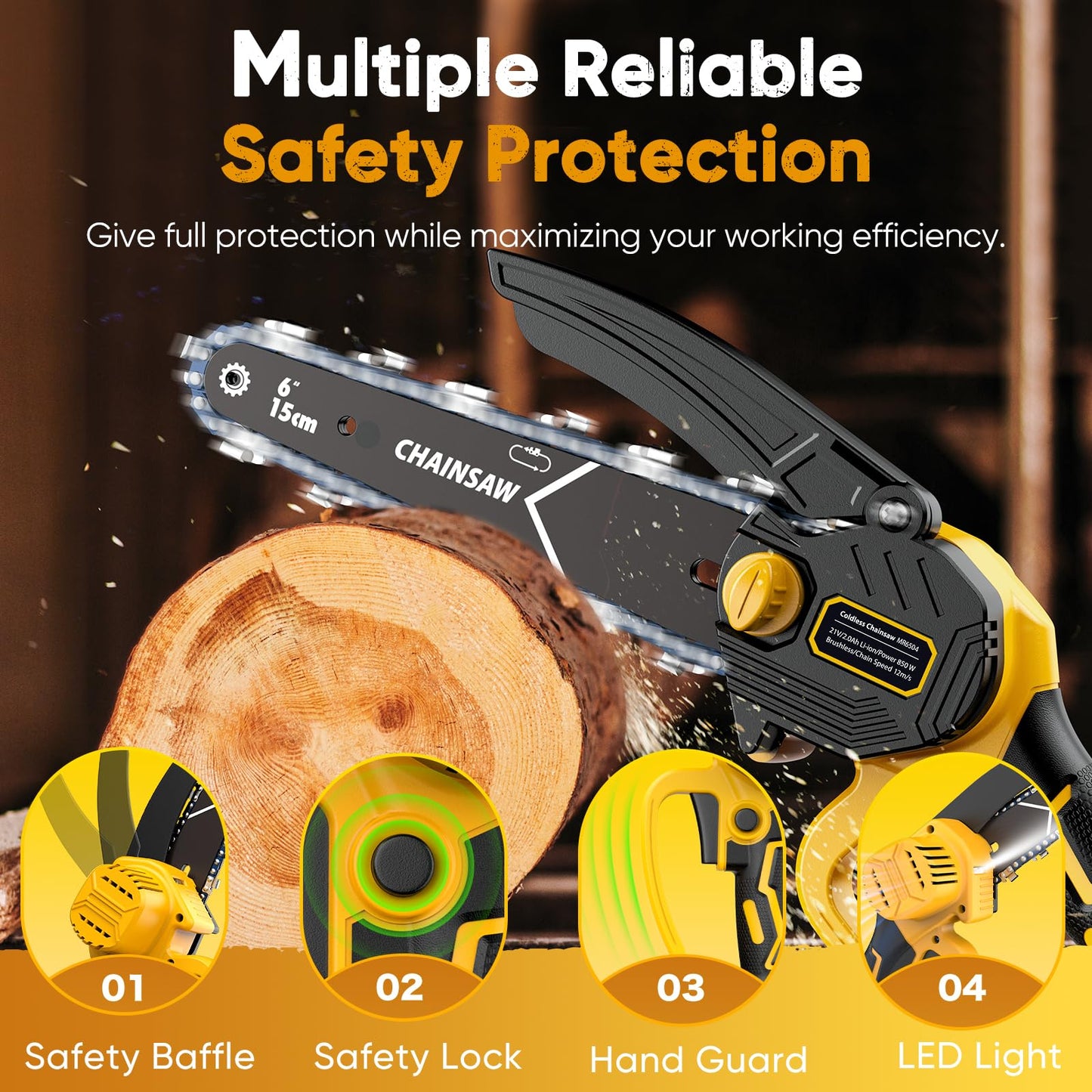 Mini Chainsaw- 6 Inch Electric Mini Chain Saw Cordless Battery Powered One-Hand Tree Trimming Saw with 2 Batteries, Portable Gardening Gadgets for Men, Unique Birthday Gifts (Yellow)