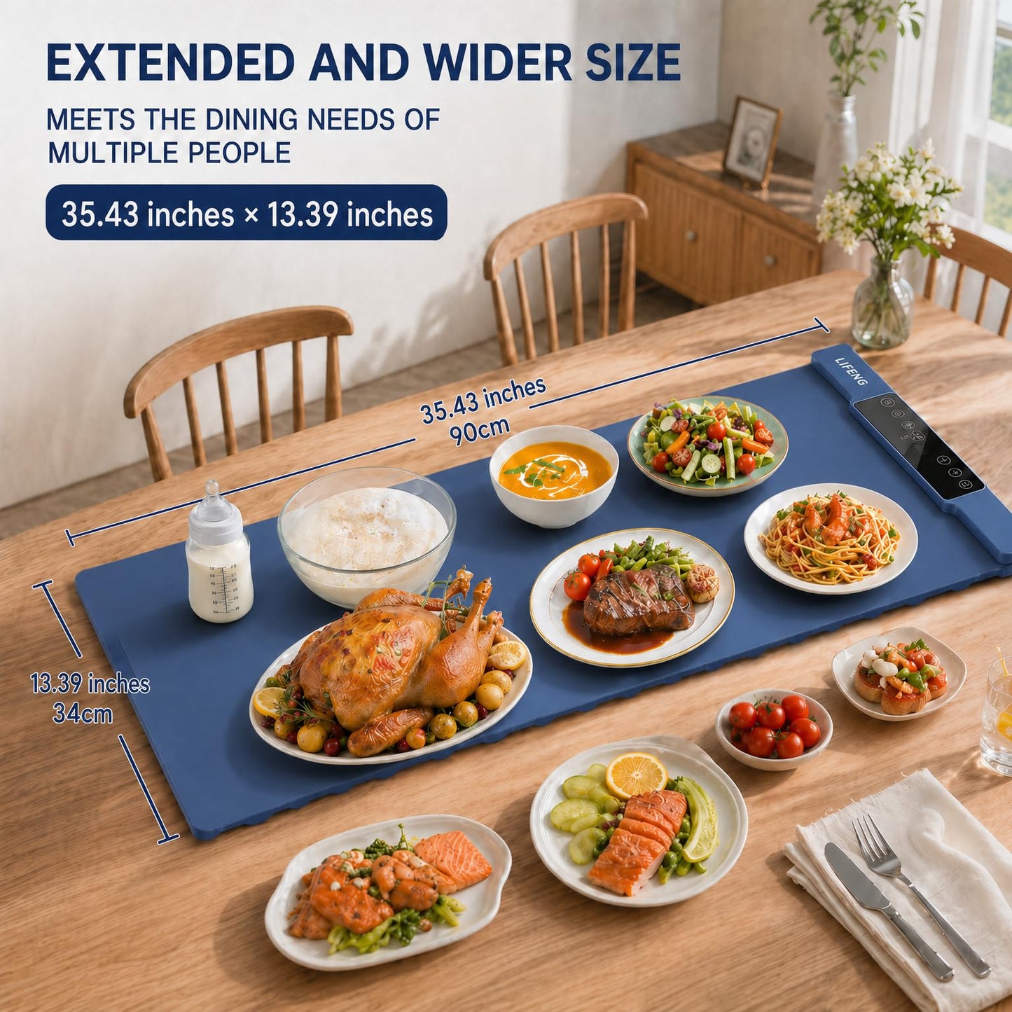 LIFENG Food Warming Mat, Extra Large 35.43×13.39 Inch Silicone Electric Warming Tray, Rollable Portable with 7 Temp Settings, Even Heating Easy Clean for Holiday Party Buffet Daily Use, Blue