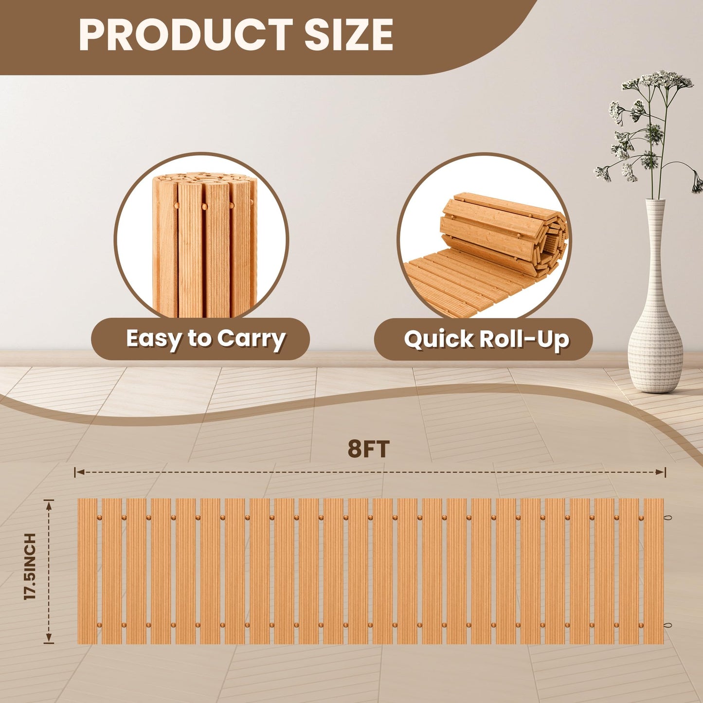pbugac 8FT Wooden Garden Pathway, Roll Out Walkway for Patio, Backyard and Outdoor Decor, Weatherproof, Non Slip and Easy to Install, Perfect for Beach, Wedding or Lawn (Natural)