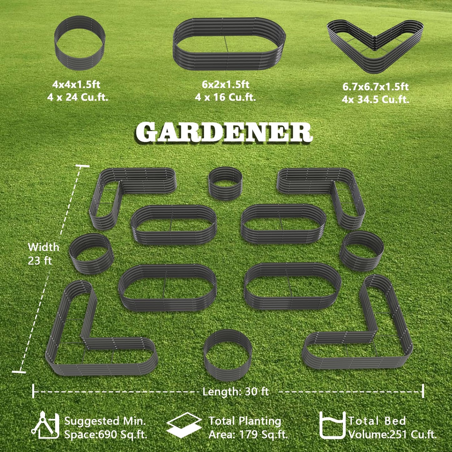 A ANLEOLIFE 12-Pack Galvanized Raised Garden Beds Outdoor, 18" Deep Modular Metal Planter Box Kit, Whole Backyard Farm Garden System with Oval Heart & Round Beds for Vegetable & Flowers, Quartz Grey
